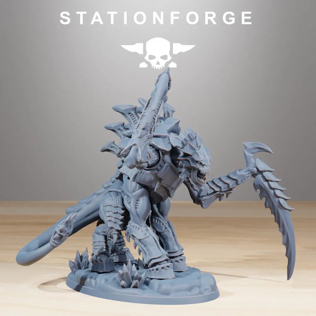 3D printed Xenarid Necrothorn miniature by StationForge Miniatures, detailed sci-fi creature with dark, intricate design.