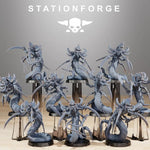 Ten 3D printed Xenarid serpents miniatures by StationForge Miniatures for Last Hope Miniatures, shown in detailed close-up.