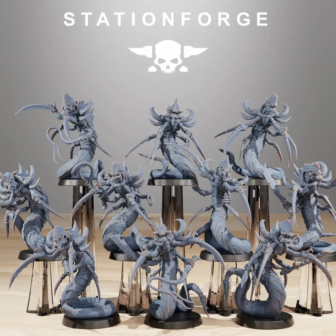 Ten 3D printed Xenarid serpents miniatures by StationForge Miniatures for Last Hope Miniatures, shown in detailed close-up.