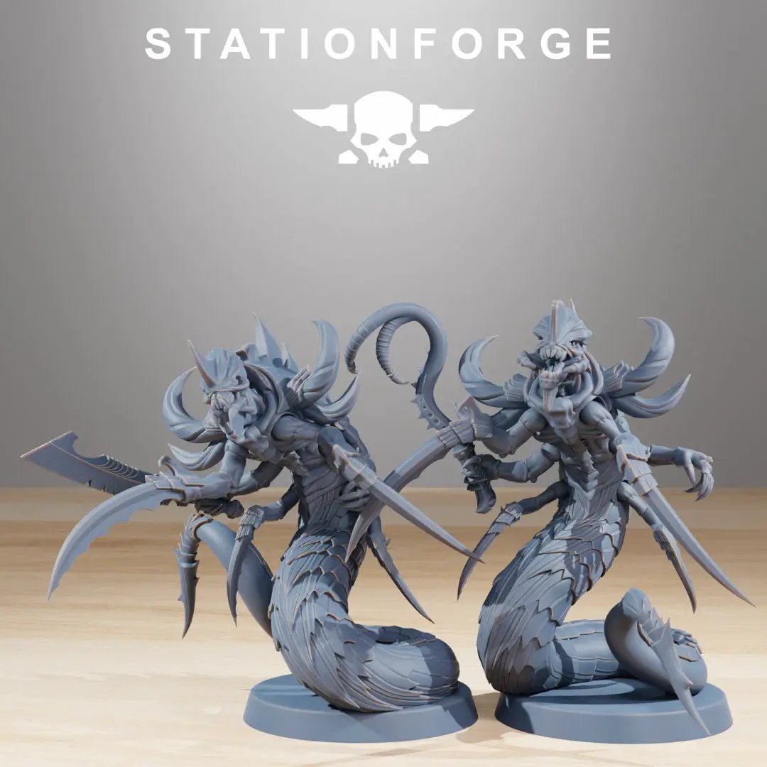 Ten 3D printed Xenarid Serpents miniatures by Last Hope Miniatures, detailed, coiled serpent figures for tabletop gaming.