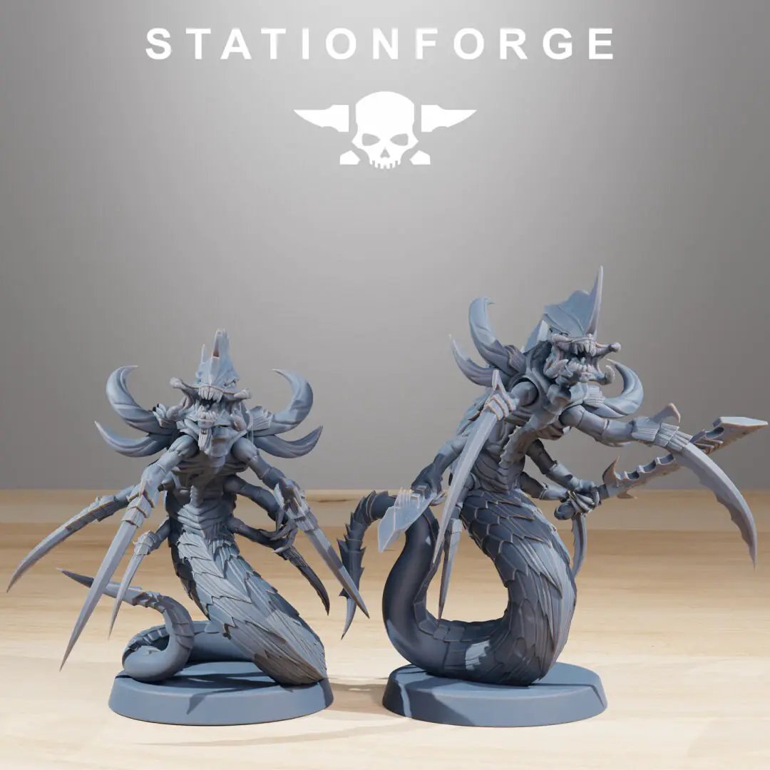 Ten 3D printed Xenarid Serpents miniatures by Last Hope Miniatures for StationForge, shown arranged on a flat surface.