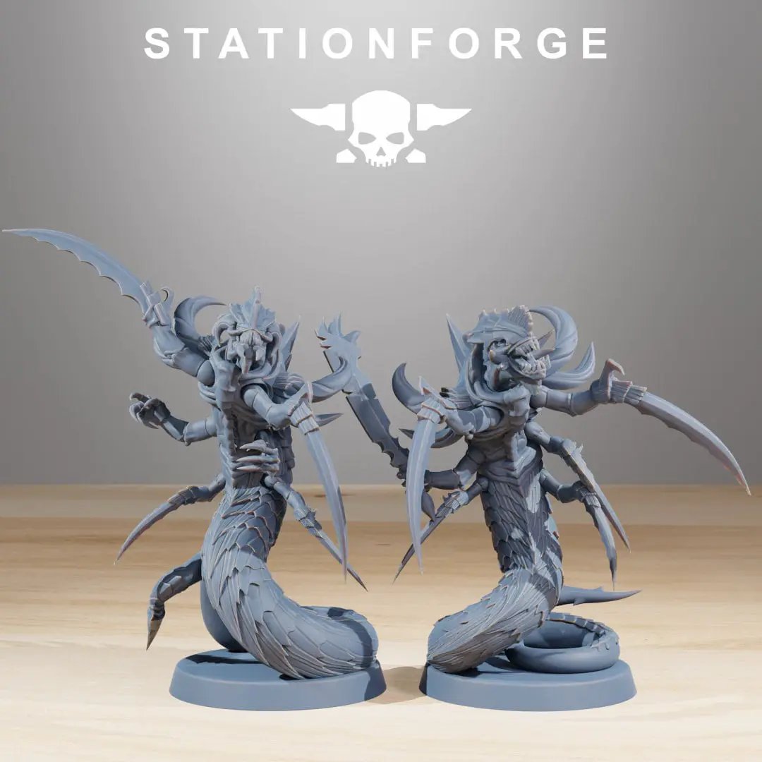Ten 3D printed Xenarid Serpents miniatures by StationForge for Last Hope Miniatures, detailed serpent figures on a white background.