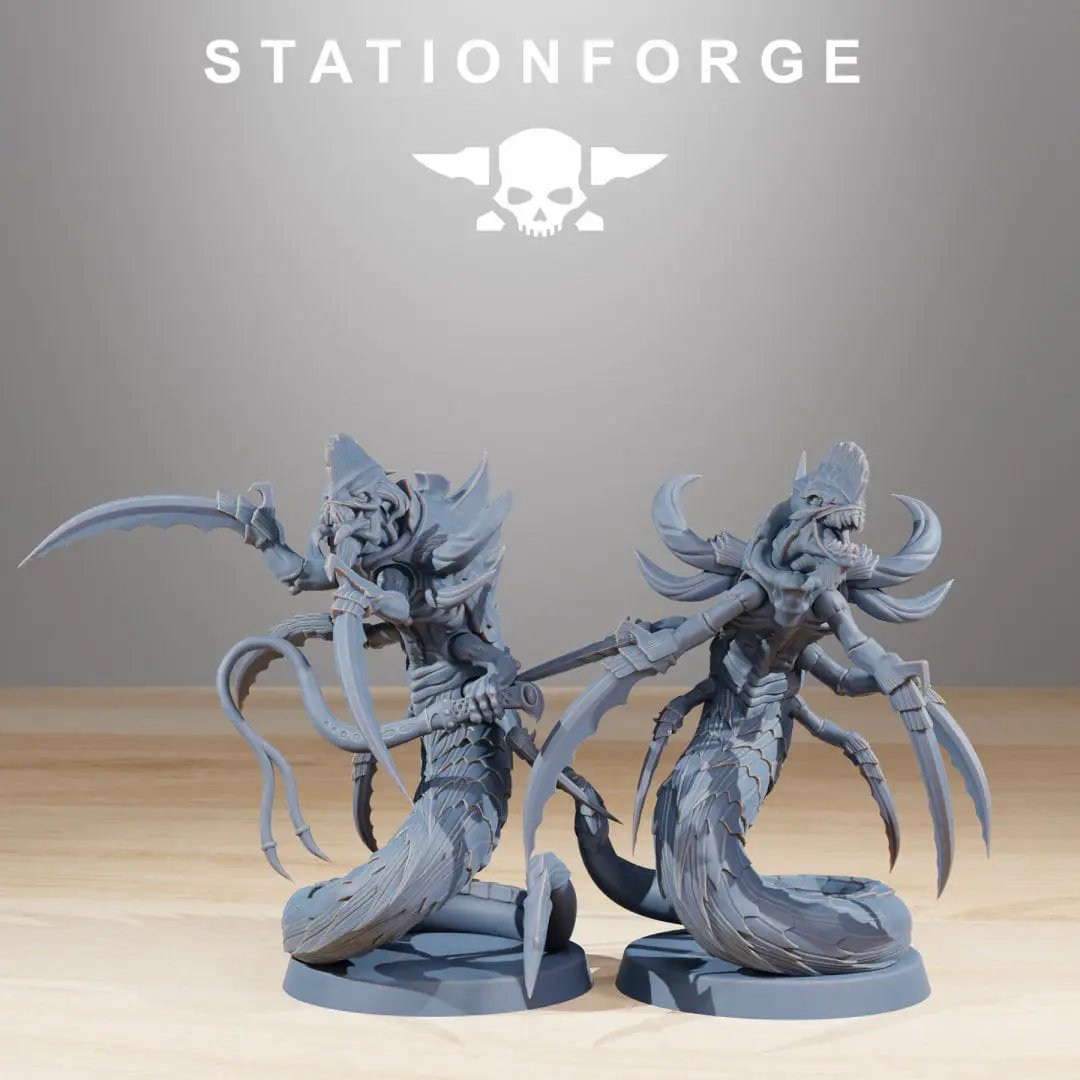 Ten 3D printed Xenarid Serpents miniatures by StationForge for Last Hope Miniatures, shown in detailed close-up.