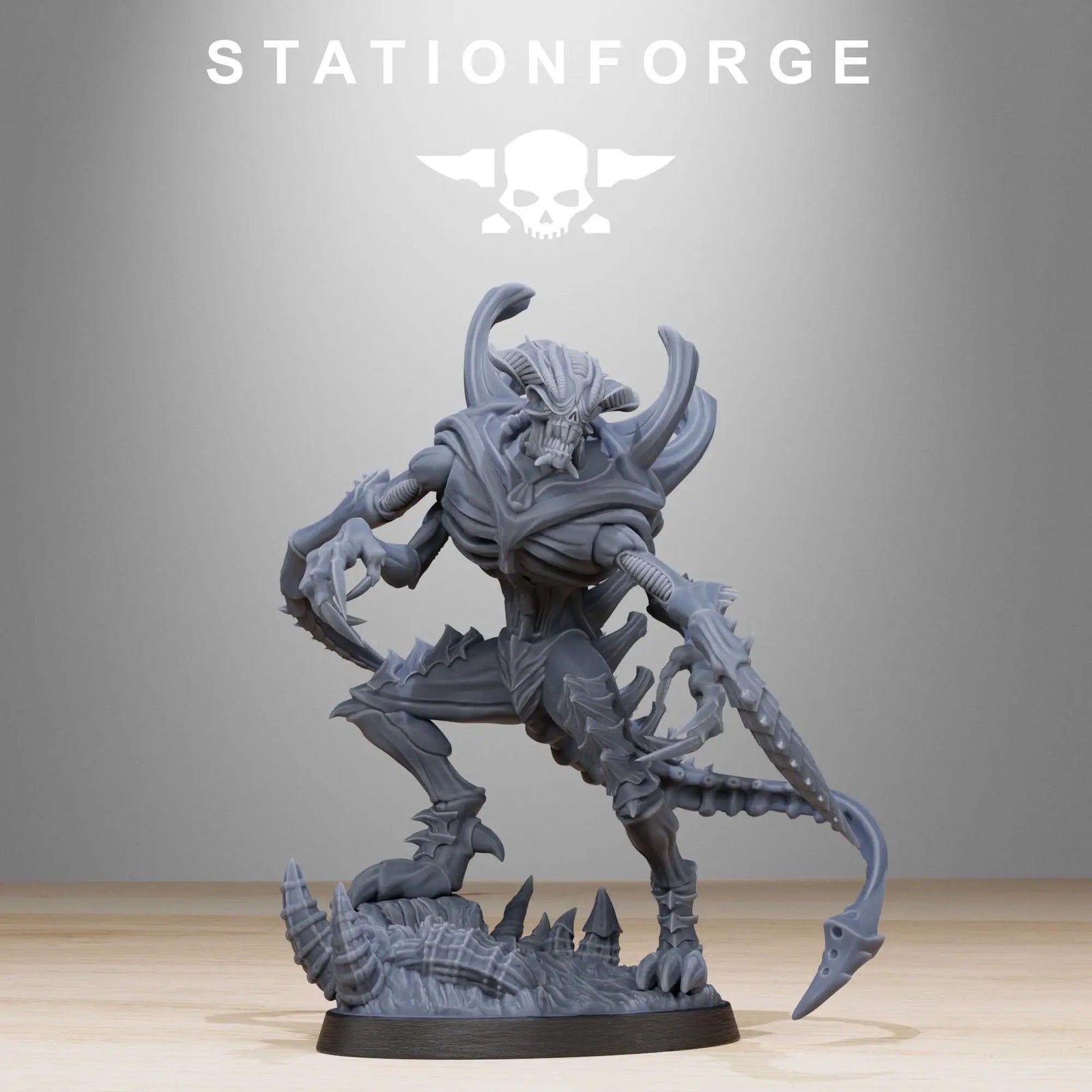 3D printed Xenarid Void Stalker miniature by StationForge Miniatures, detailed sci-fi alien creature model in black and gray tones.