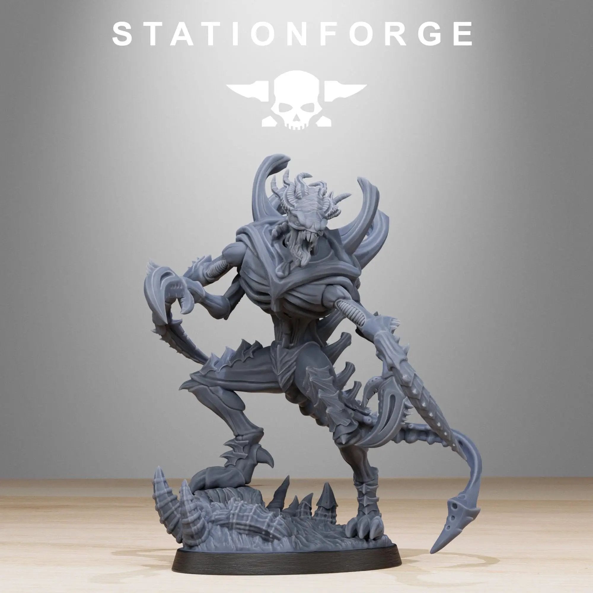 3D printed Xenarid Void Stalker miniature by StationForge Miniatures, detailed sci-fi creature with segmented armor and menacing stance.