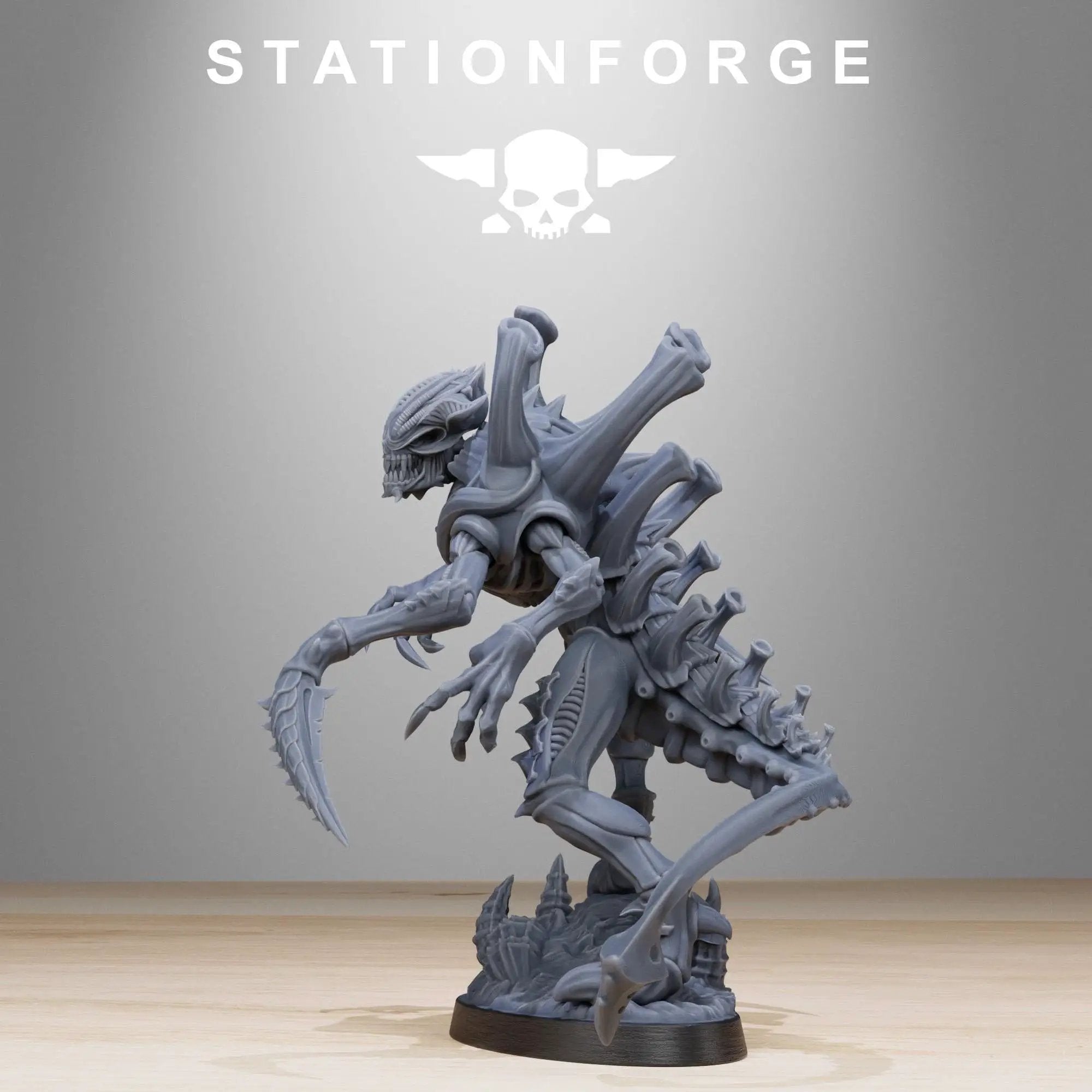 3D printed Xenarid Void Stalker miniature by StationForge Miniatures, detailed sci-fi alien creature in dark metallic tones.