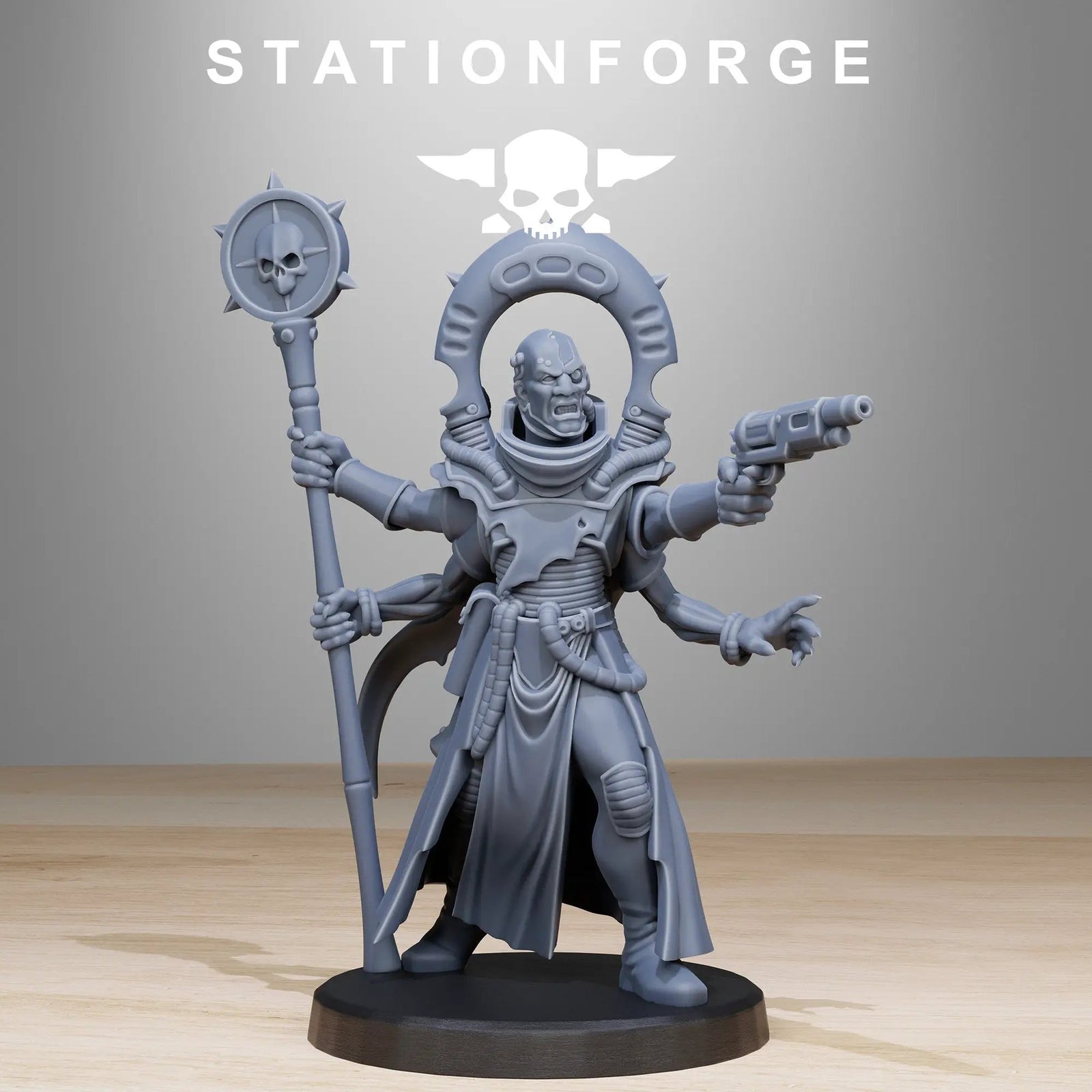 3D printed Xentari Cultist miniature by StationForge Miniatures for Last Hope Miniatures, detailed figure with intricate armor and weaponry.