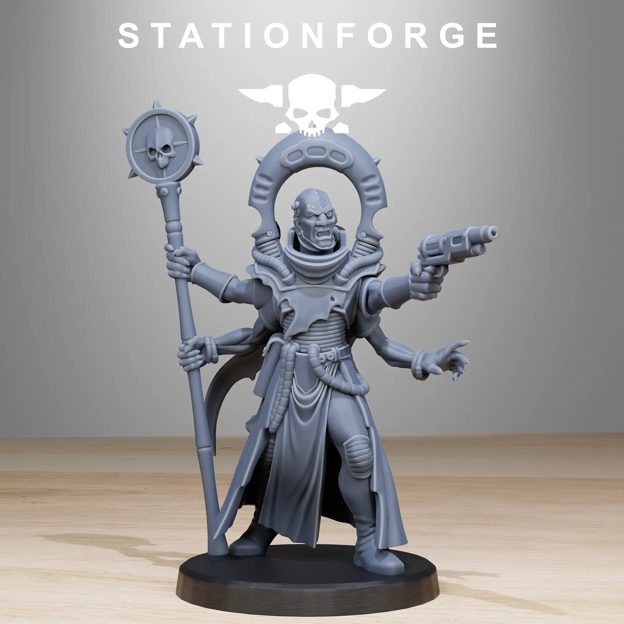 3D printed Xentari Cultist miniature by StationForge Miniatures for Last Hope Miniatures, detailed figure with intricate armor and weaponry.