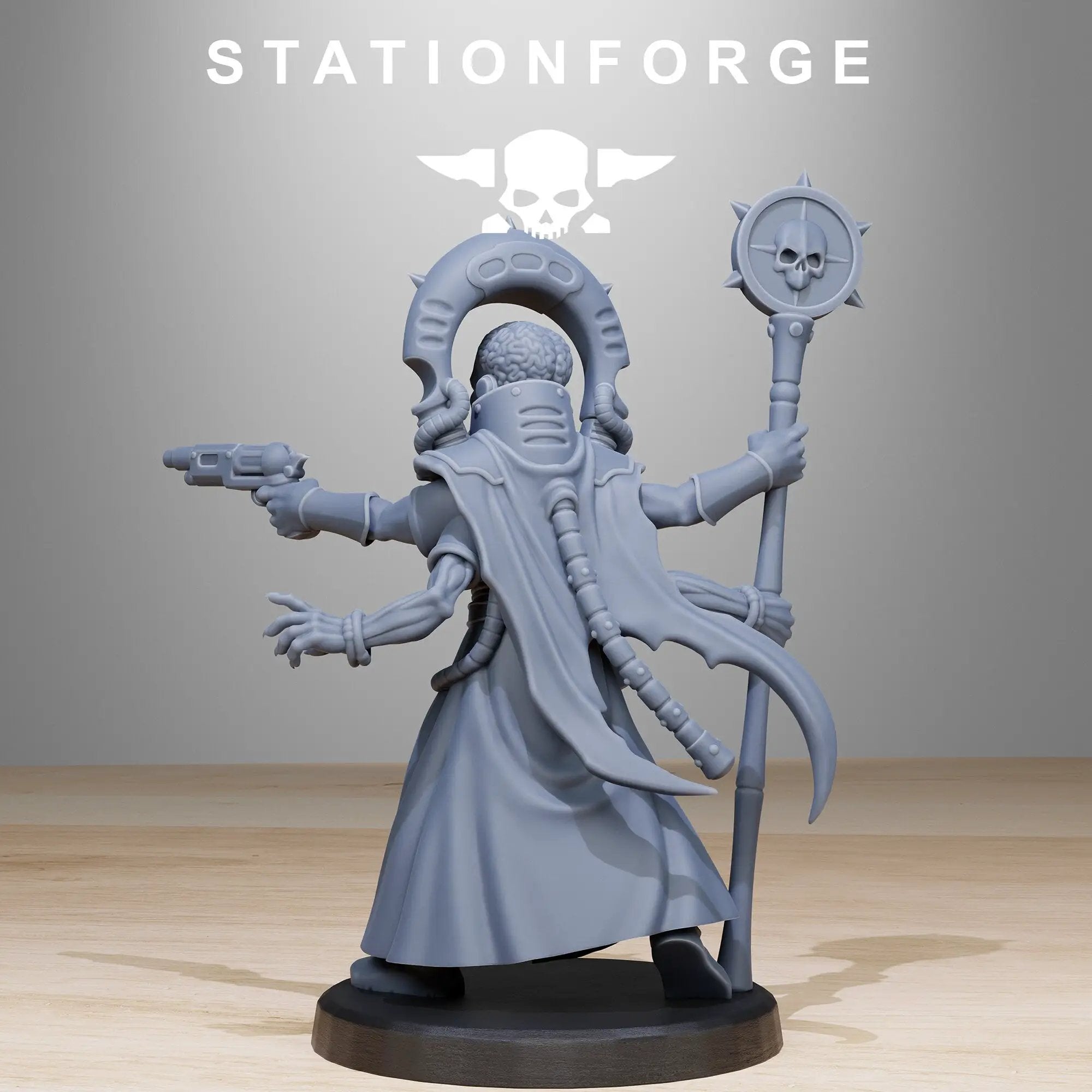 3D printed Xentari Cultist miniature by StationForge Miniatures, detailed figure with elaborate armor and weaponry for tabletop gaming