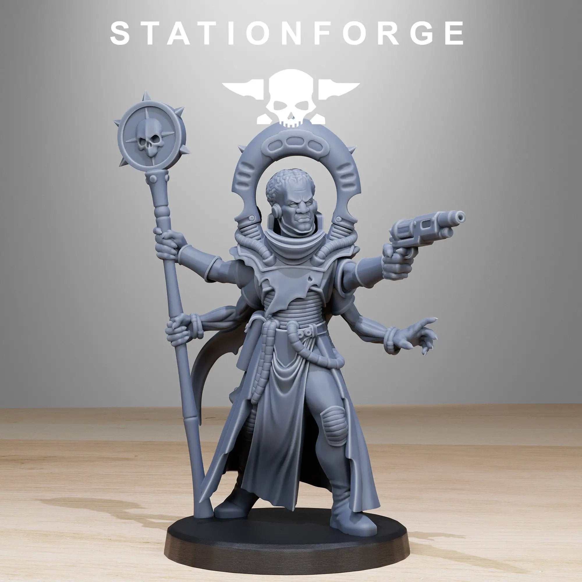 3D printed Xentari Cultist miniature by StationForge Miniatures, featuring detailed armor and weapon in a dynamic pose.