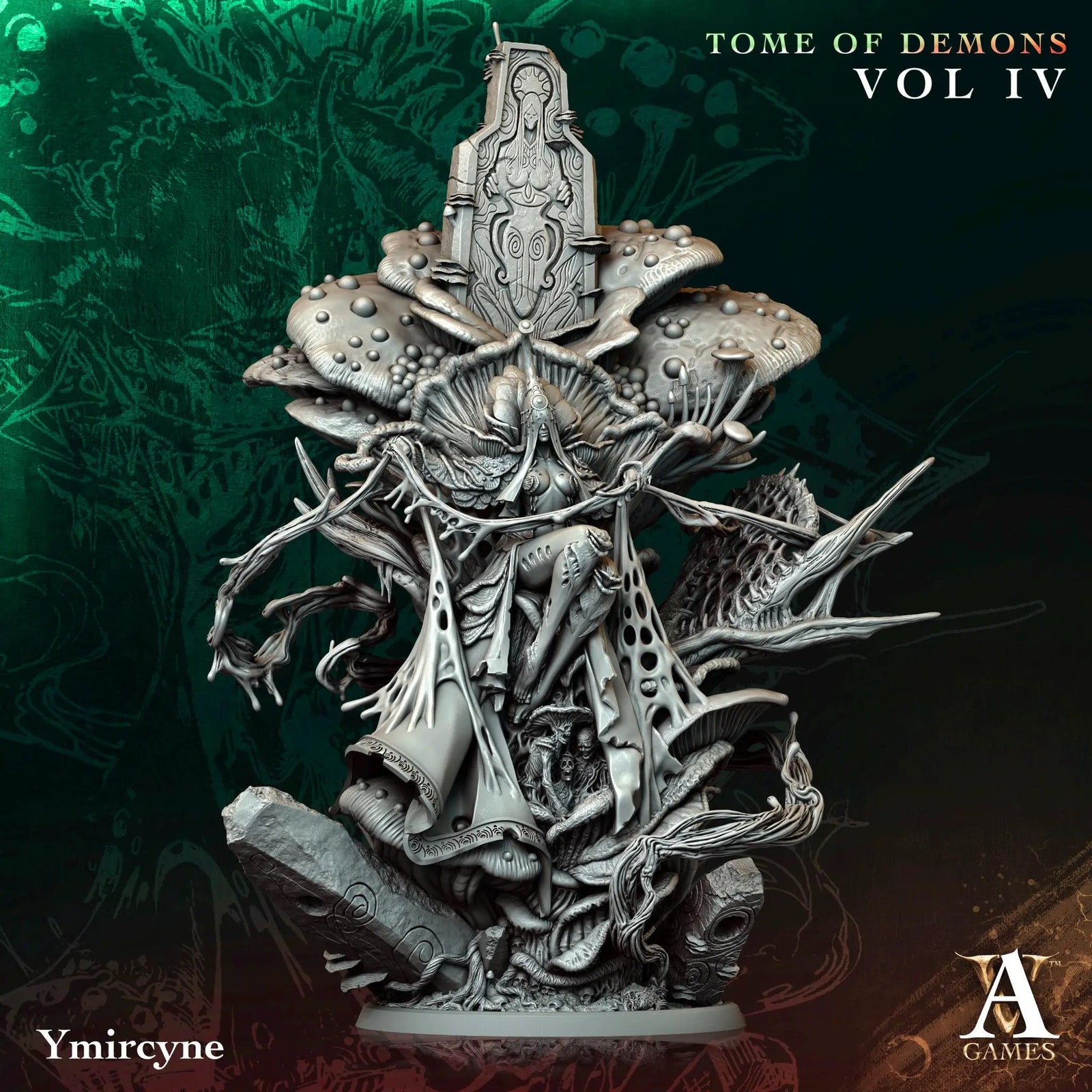 3D printed Ymircyne the Spore Queen miniature by Last Hope Miniatures, featuring intricate spores and detailed insectoid design.