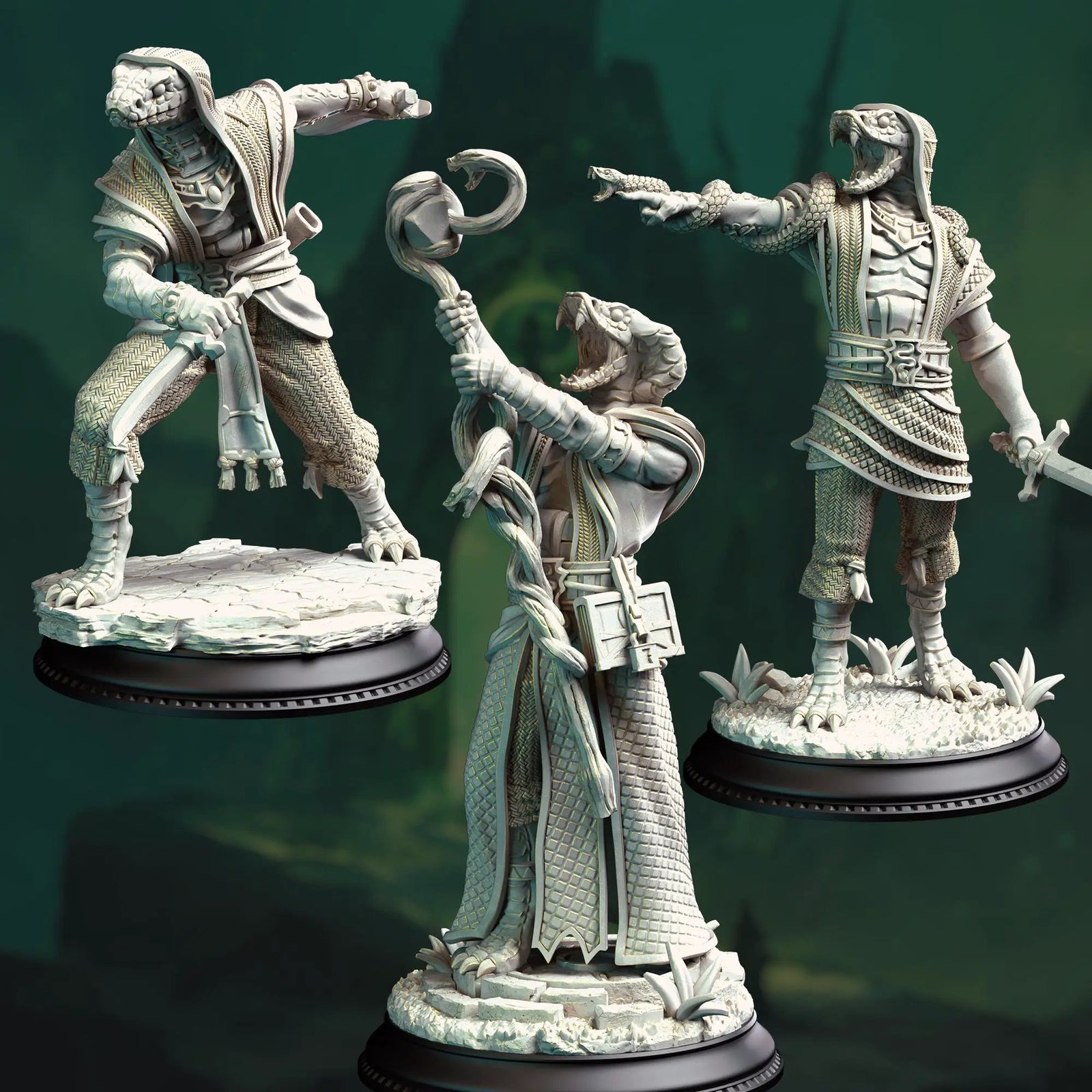 3D printed Yuan-Ti Cultists miniatures by Last Hope Miniatures from DM Stash, featuring detailed serpent-themed figures.