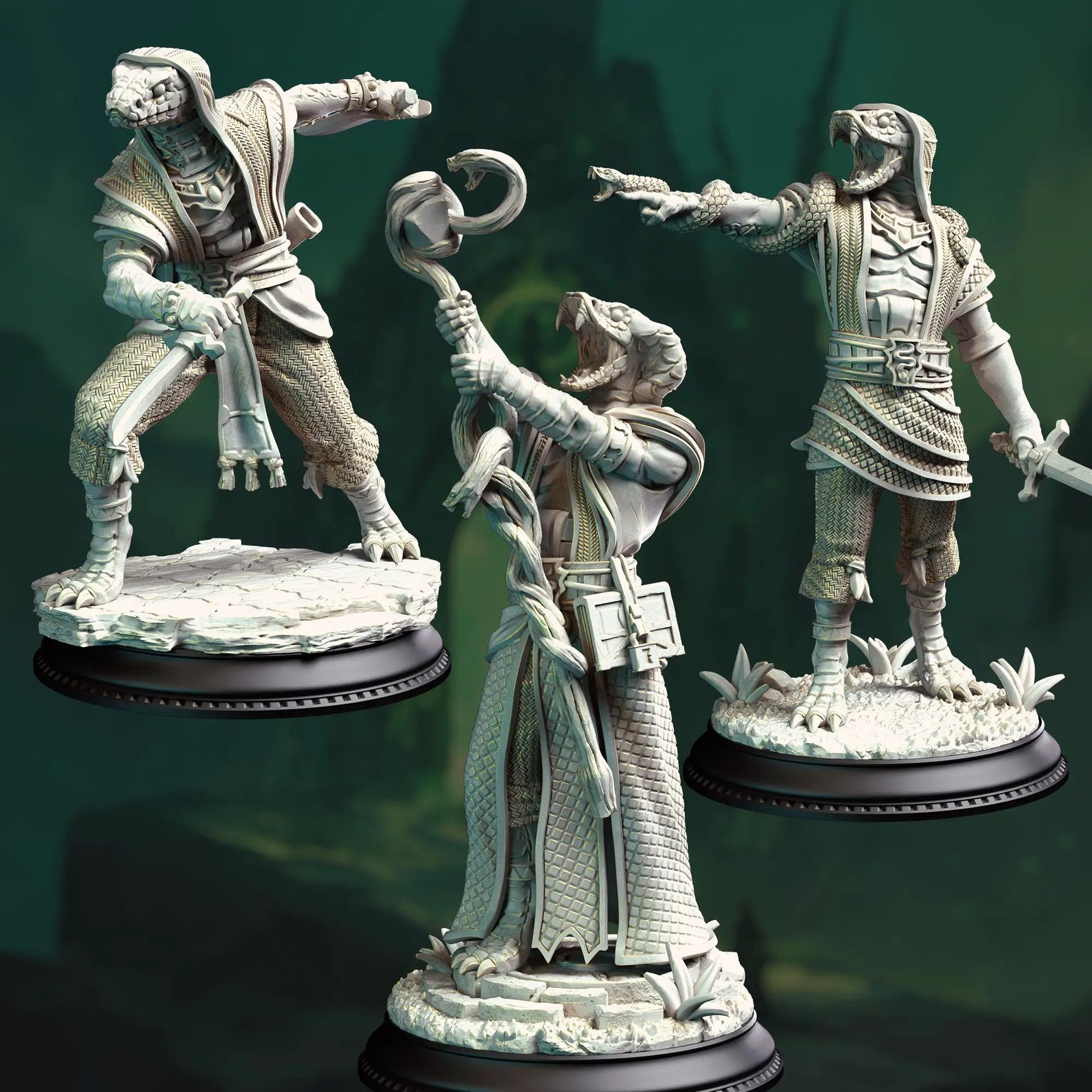 3D printed Yuan-Ti Cultists miniatures by Last Hope Miniatures from DM Stash, featuring detailed serpent-themed figures.