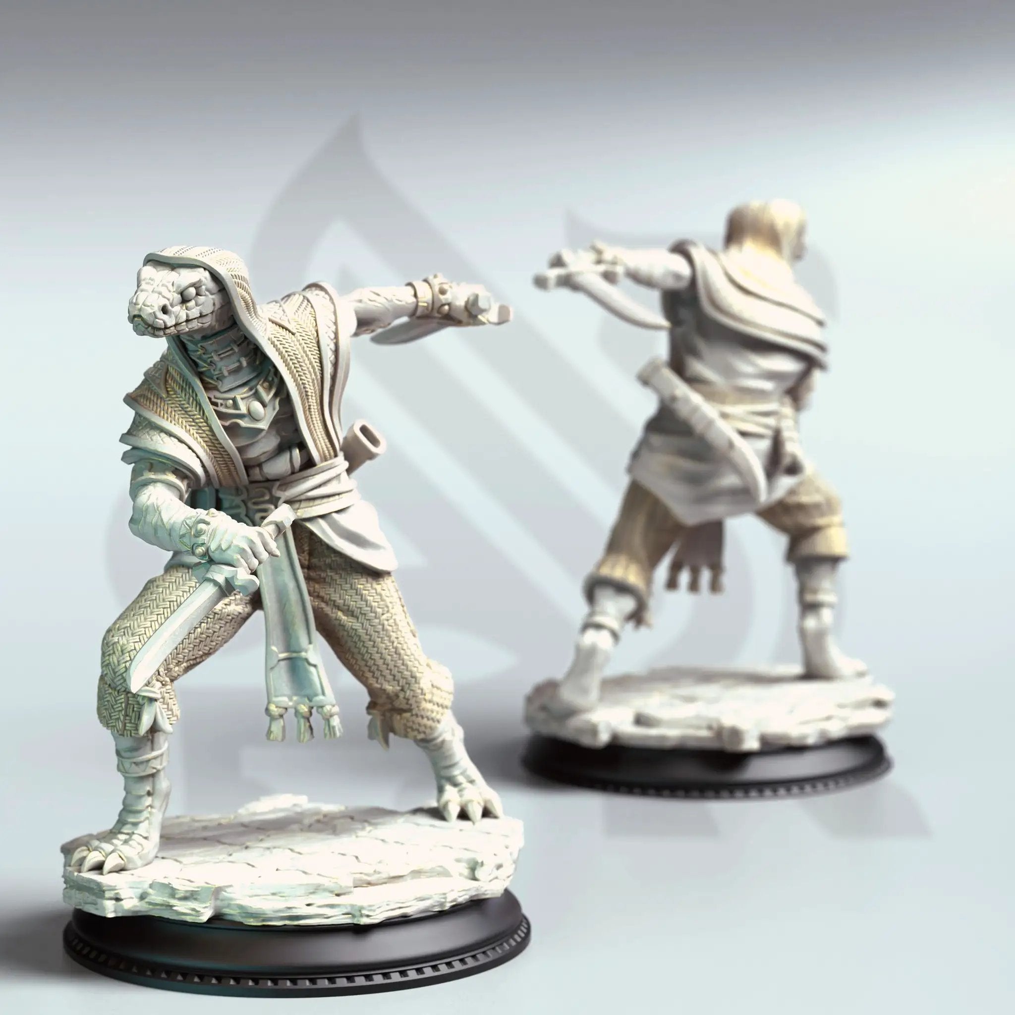3D printed Yuan-Ti Cultists miniatures by Last Hope Miniatures, featuring snake-like fantasy figures in detailed poses.