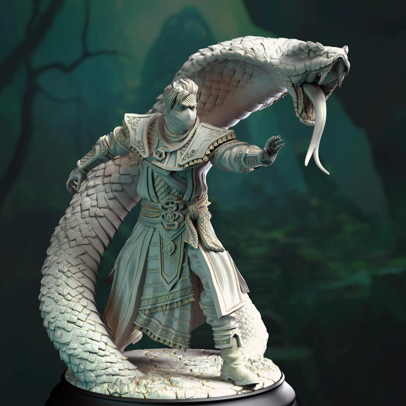 3D printed Yuan-Ti Snake Conjurer miniature by Last Hope Miniatures, detailed figure with serpent-themed robes and staff.