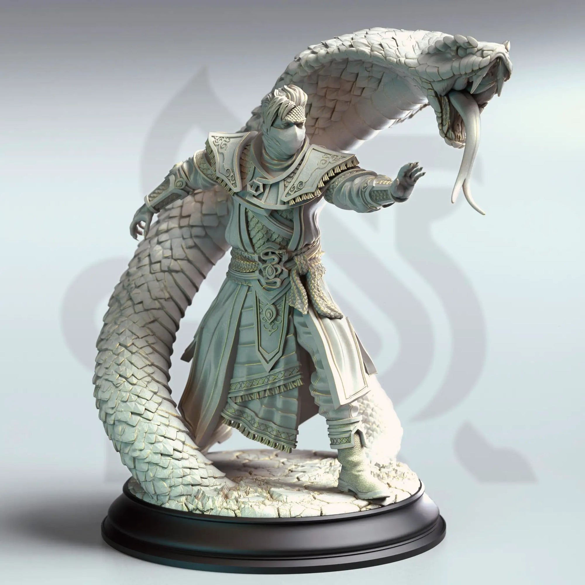 3D printed Yuan-Ti Snake Conjurer miniature by Last Hope Miniatures, featuring a serpent-themed sorcerer with elaborate robes