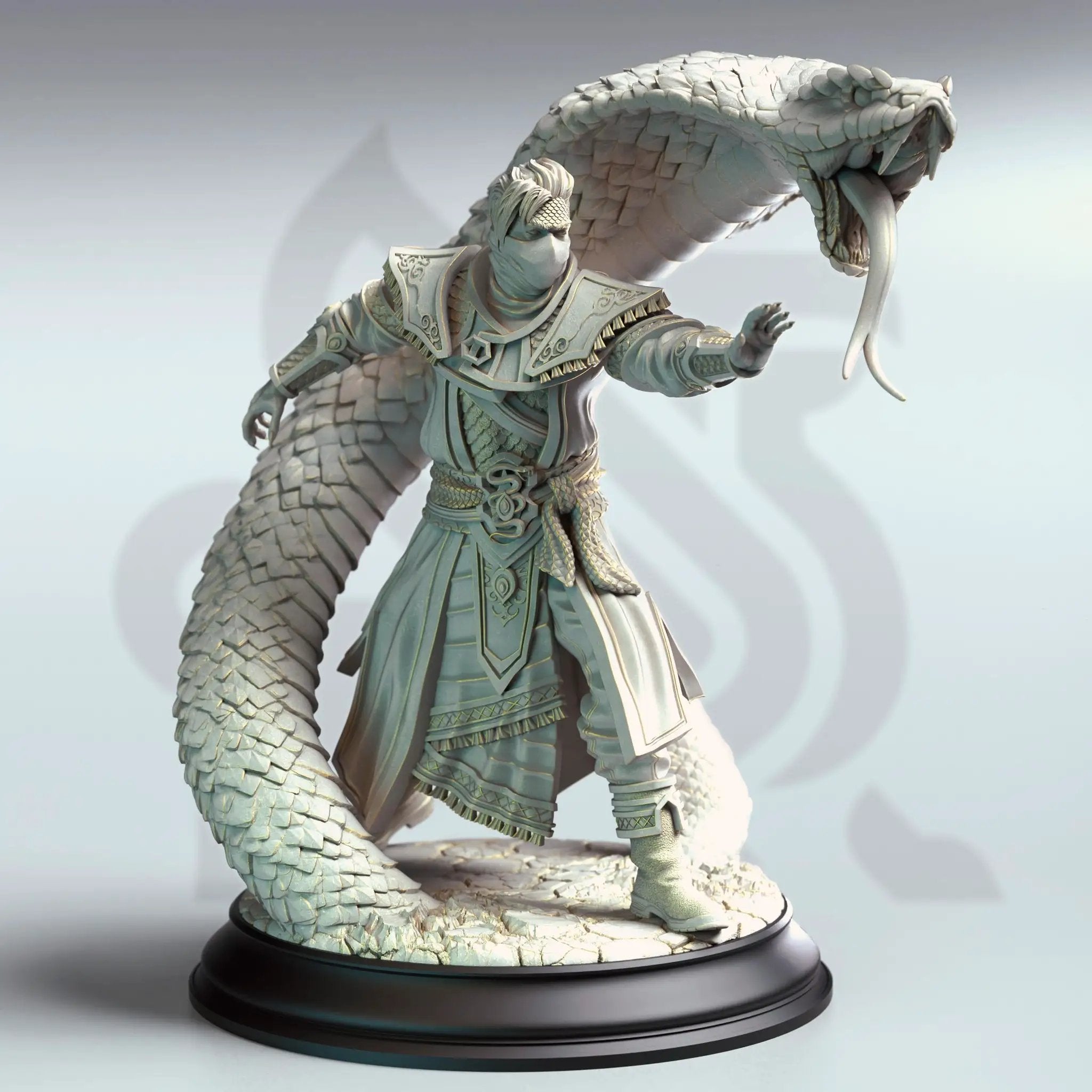 3D printed Yuan-Ti Snake Conjurer miniature by Last Hope Miniatures, featuring a serpent-themed sorcerer with elaborate robes