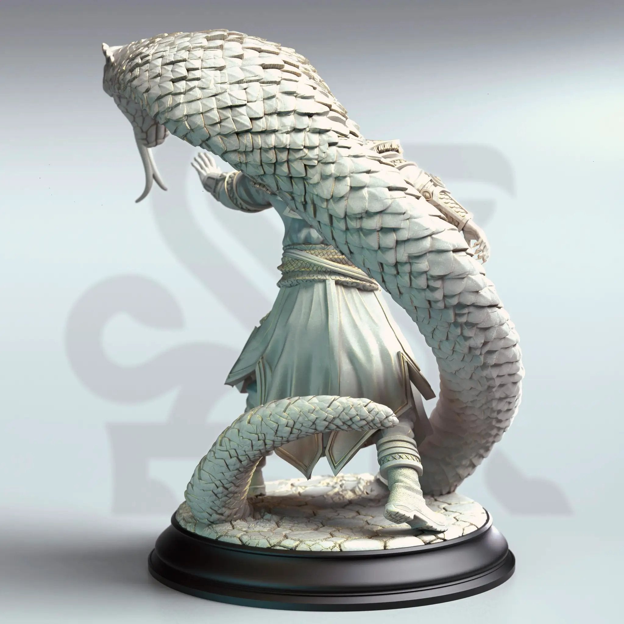 3D printed Yuan-Ti Snake Conjurer miniature by Last Hope Miniatures, featuring a serpent-themed sorcerer with mystical staff.