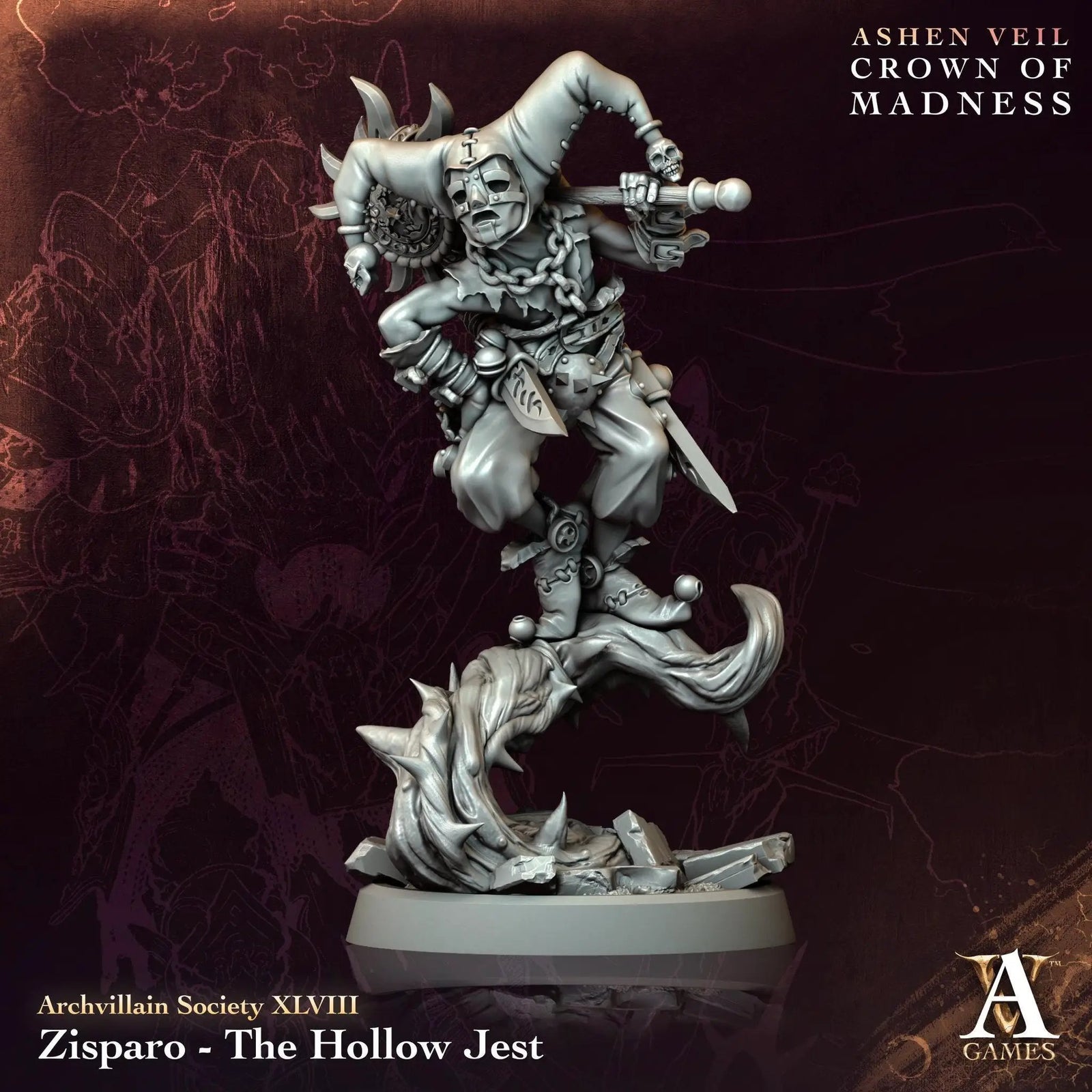 3D printed Zisparo figure from The Hollow Jest series by Last Hope Miniatures, showcasing detailed design and craftsmanship.