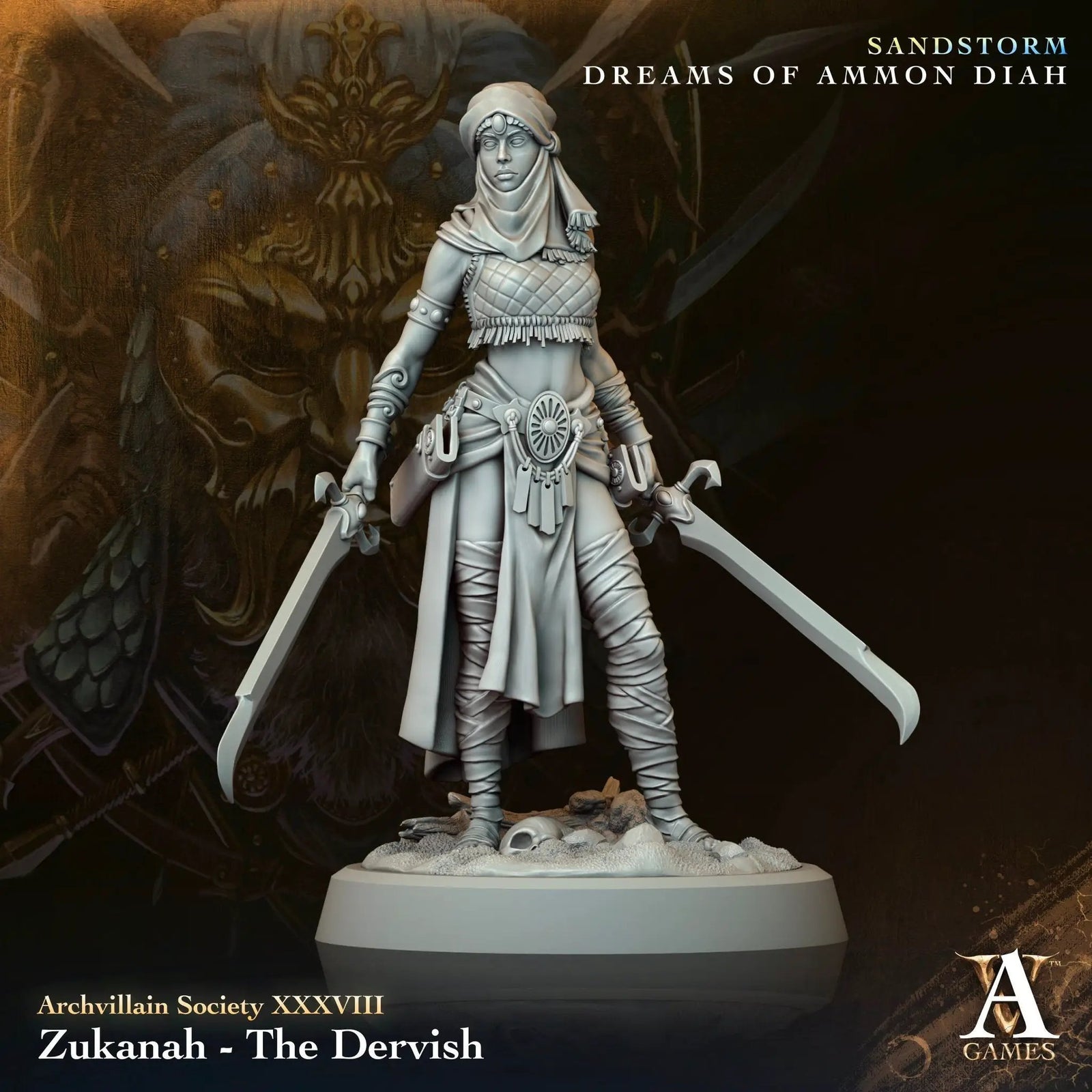 3D printed Zukanah - The Dervish miniature by Last Hope Miniatures for Archvillain Games, featuring intricate details and dynamic pose.