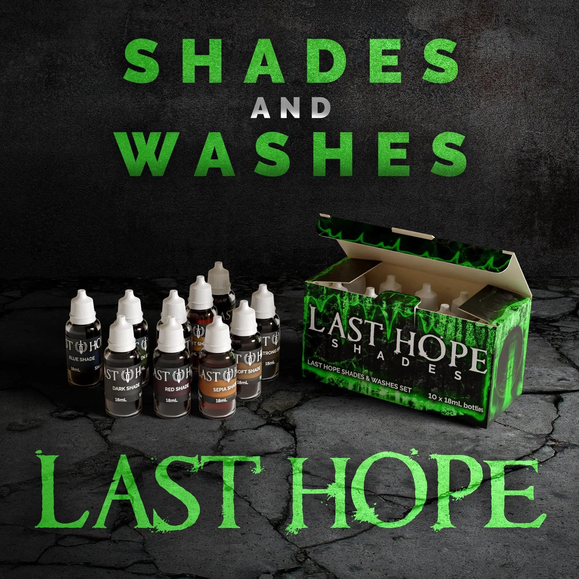 Acrylic washes for wargame miniatures by Last Hope Miniatures, featuring small bottles of paint with brush applicators.