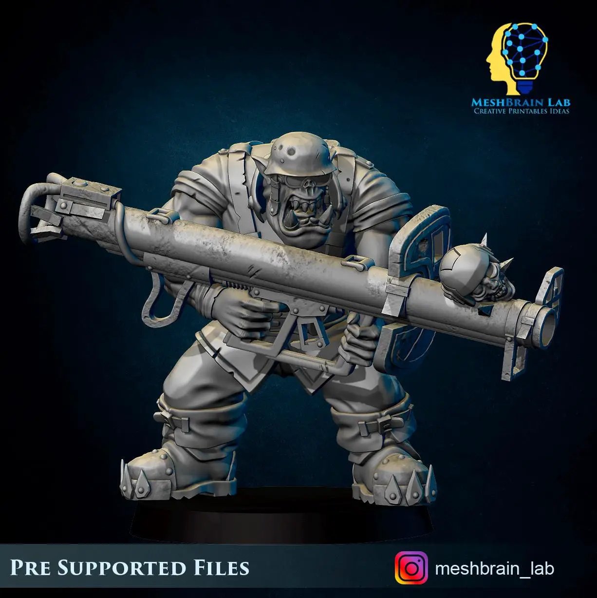 3D printed Ork Tank Hunter miniature by Meshbrain Labs for Last Hope Miniatures, detailed green Ork figure with armored tank design.