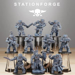 Ten 3D printed Socratis Doom Reapers miniatures by StationForge for Last Hope Miniatures, detailed black and gray figurines displayed.