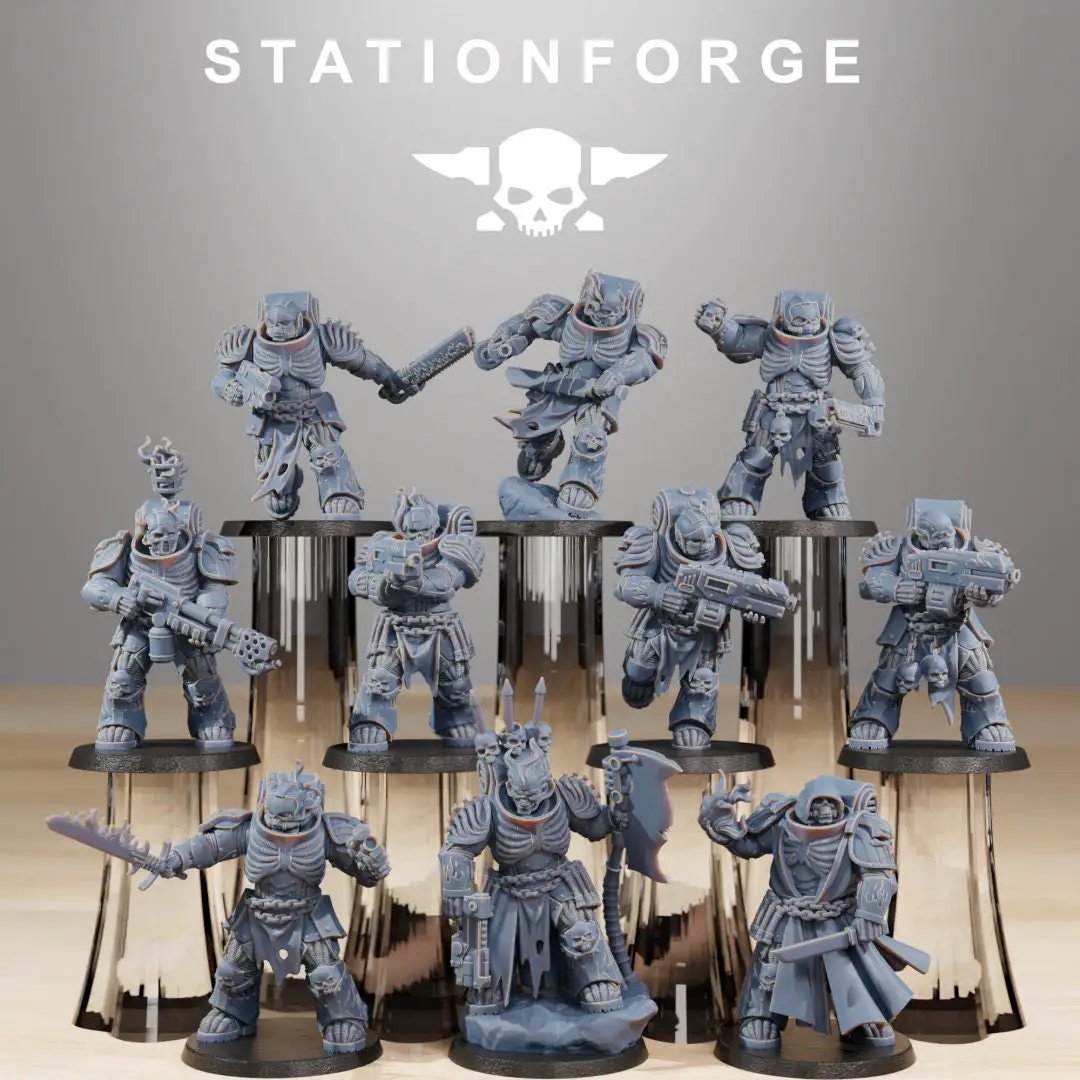 Ten 3D printed Socratis Doom Reapers miniatures by StationForge for Last Hope Miniatures, detailed black and gray figurines displayed.