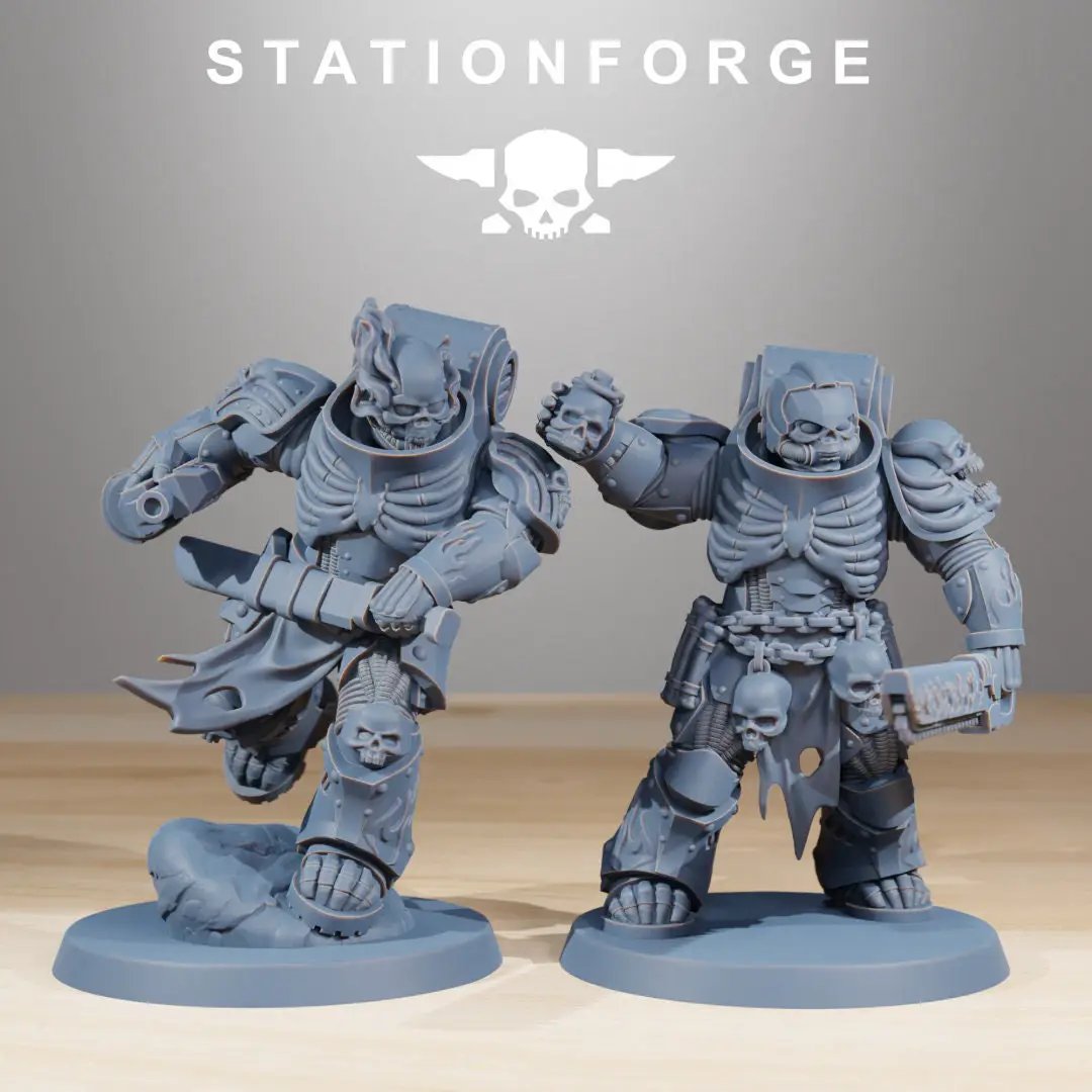 3D printed Socratis Doom Reapers miniatures by StationForge, shown in a batch of ten with detailed sculpting and dark, menacing design.