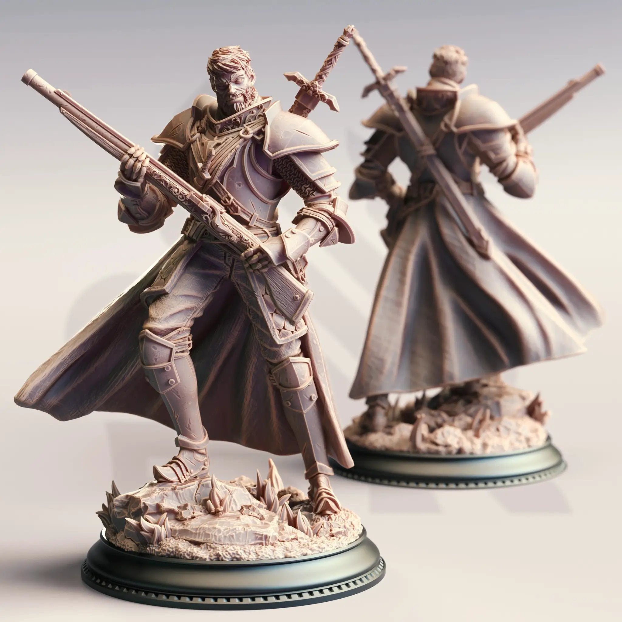 3D printed Inquisition Gunslinger miniature by Last Hope Miniatures for DM Stash, featuring detailed armor and weapon details.