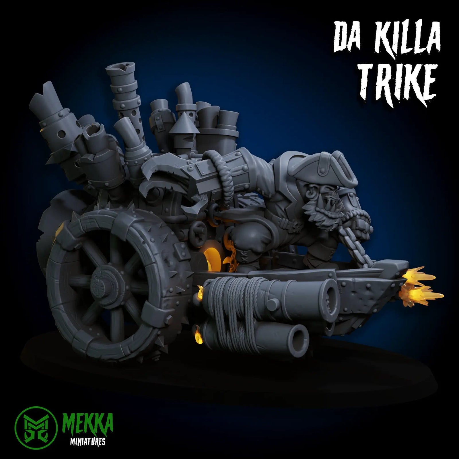3D printed Ork Pirate Killa Trike model by Last Hope Miniatures, detailed green ork pirate riding a trike vehicle.
