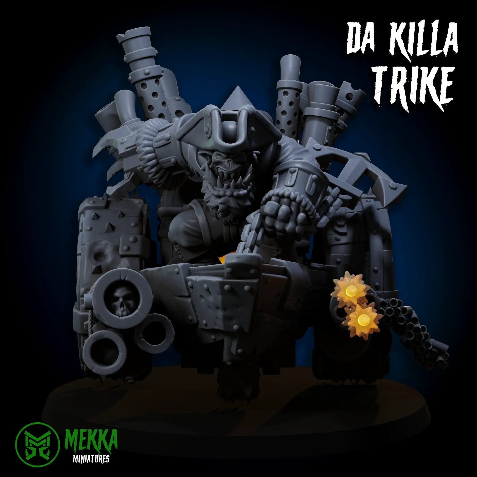 3D printed Ork Pirate Killa Trike by Mekka Miniatures, detailed green ork figure riding a custom trike vehicle, from Last Hope Miniatures.