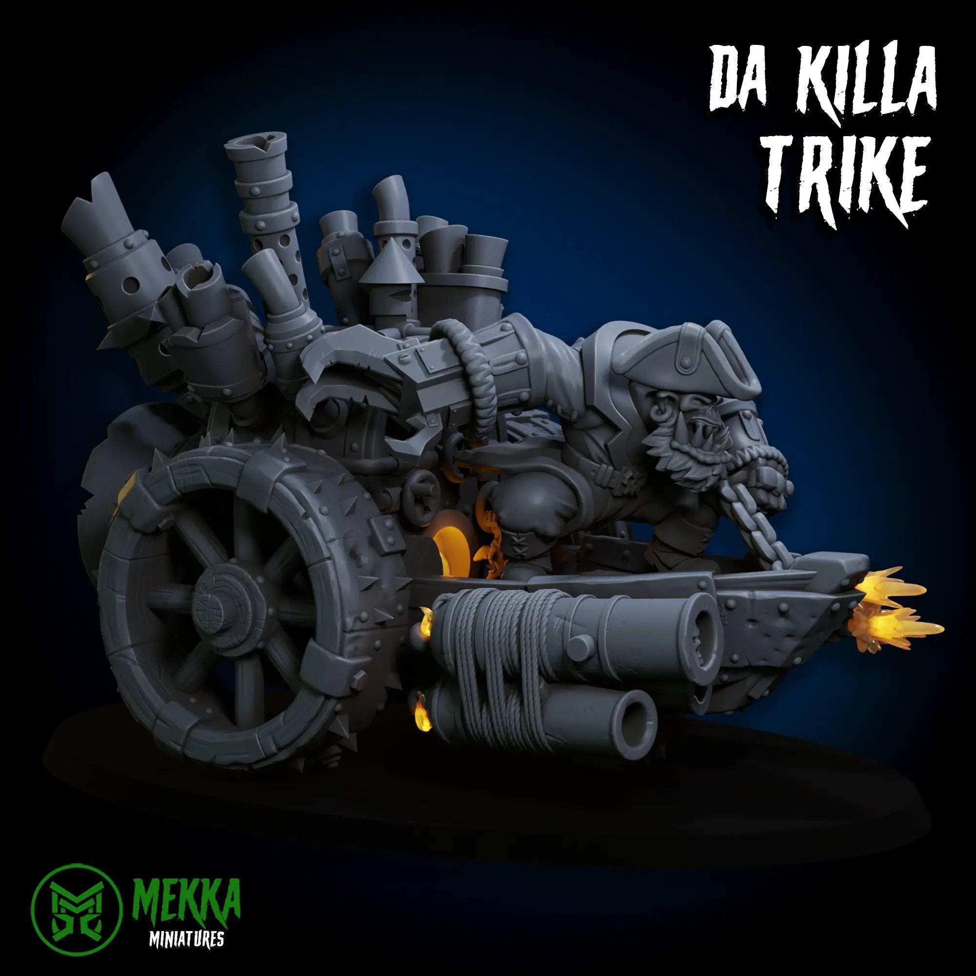 3D printed Ork Pirate Killa Trike by Last Hope Miniatures, featuring detailed green ork figure riding a custom trike.