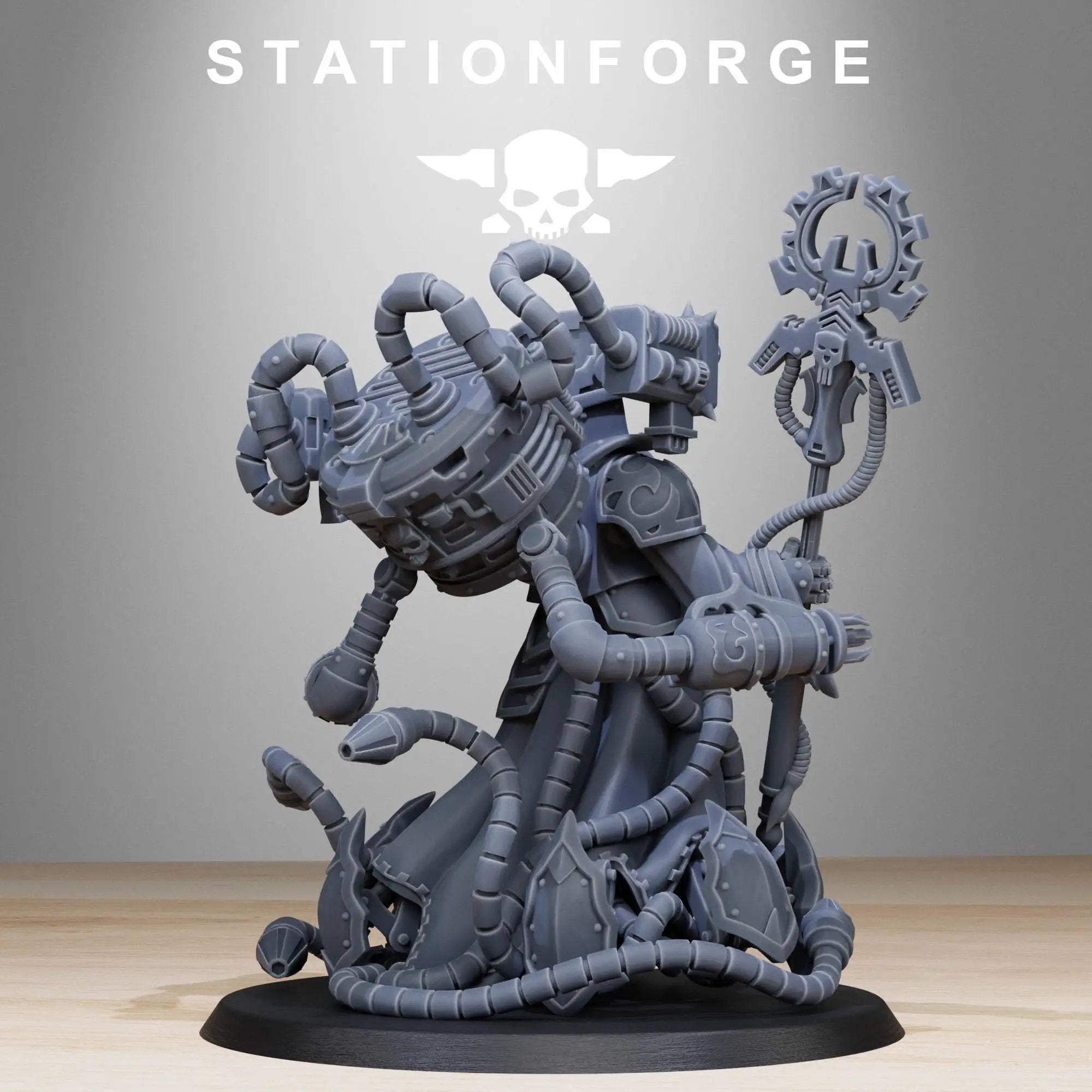 3D printed Scavenger Chaplain miniature by Last Hope Miniatures for StationForge, showing detailed sculpt with intricate armor and weaponry.