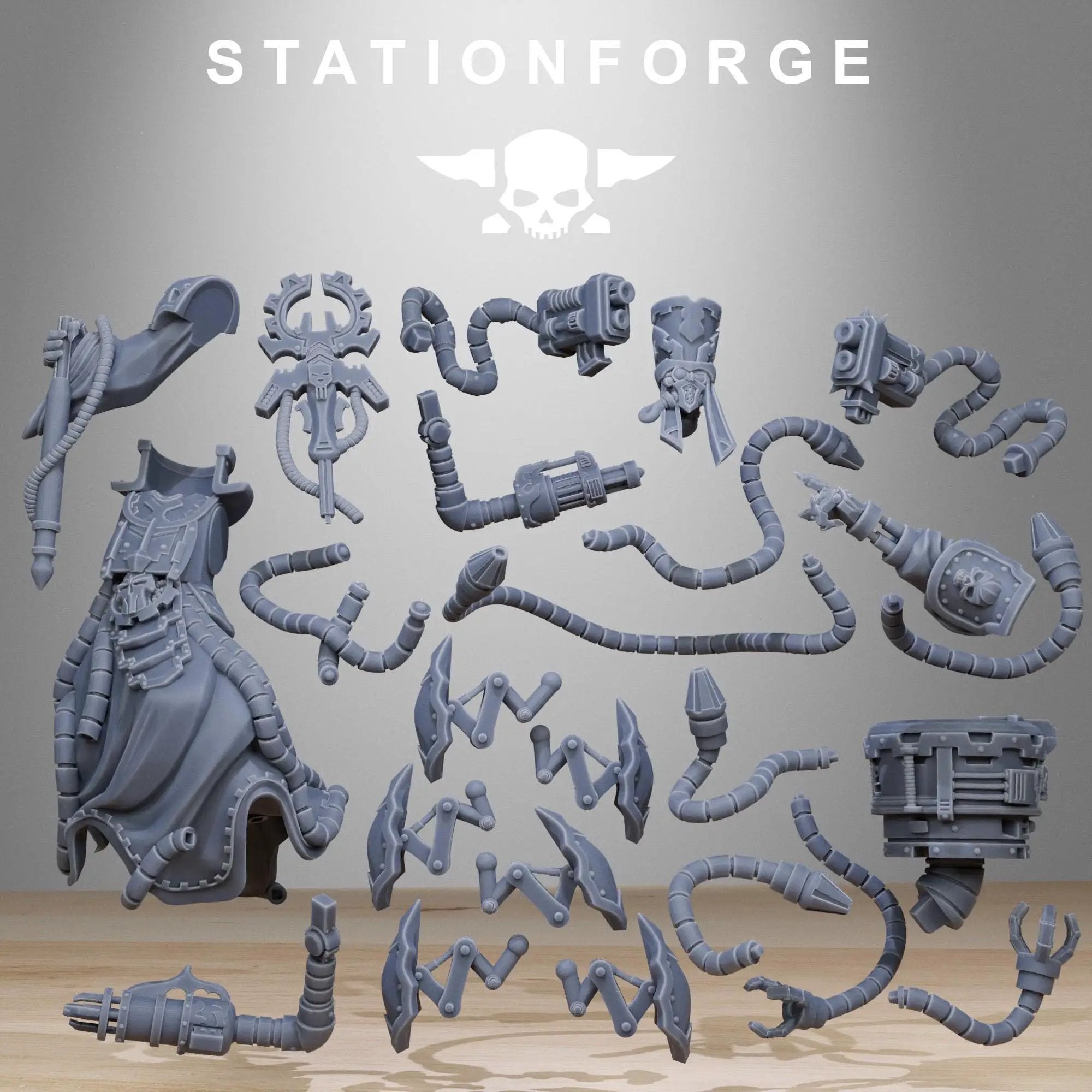 3D printed Scavenger Chaplain figure by Last Hope Miniatures for StationForge Miniatures, detailed with armor and weaponry.