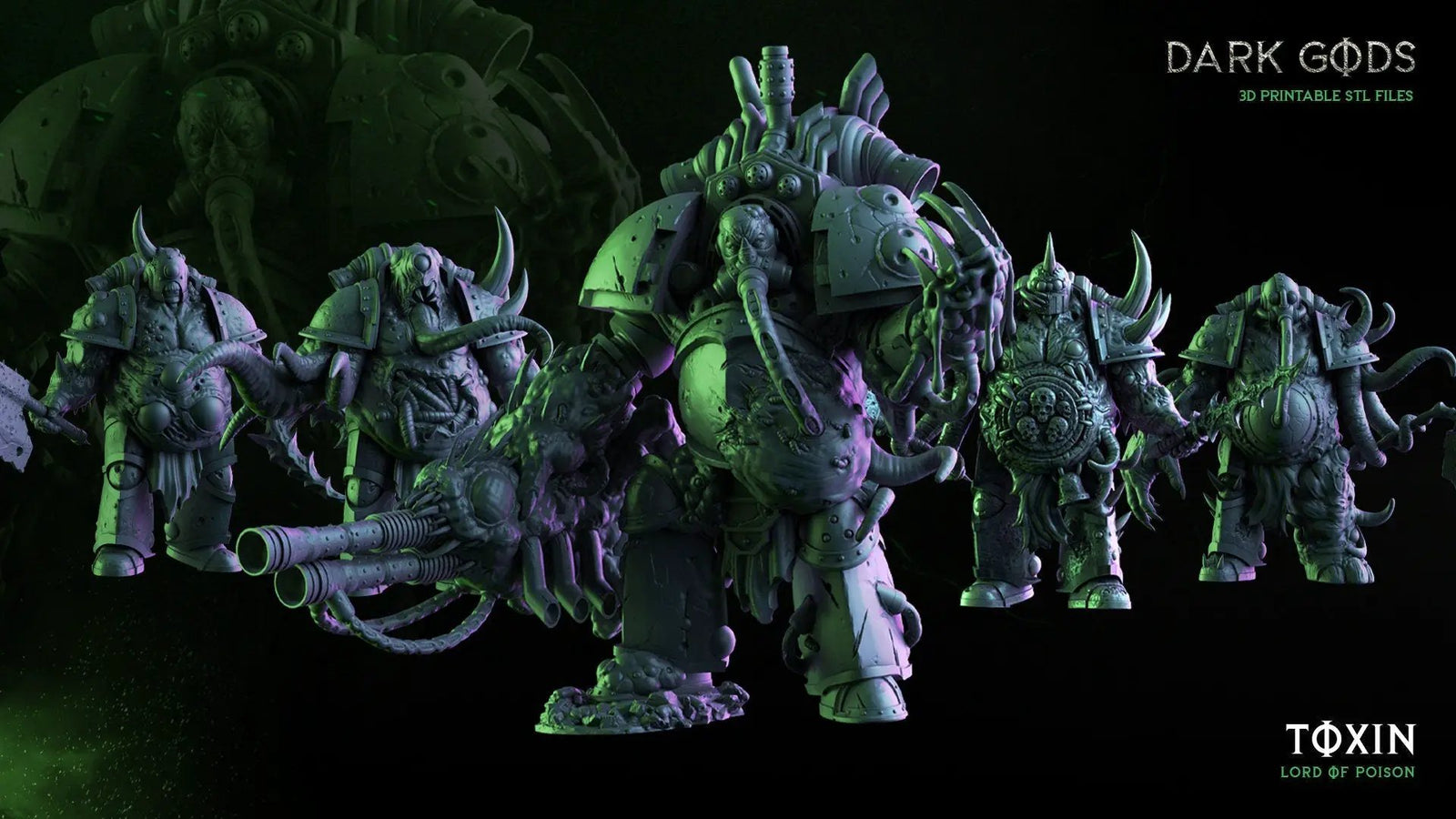 3D printed Toxin and Infected Dark Gods miniatures by Last Hope Miniatures, showcasing detailed fantasy creature figures.