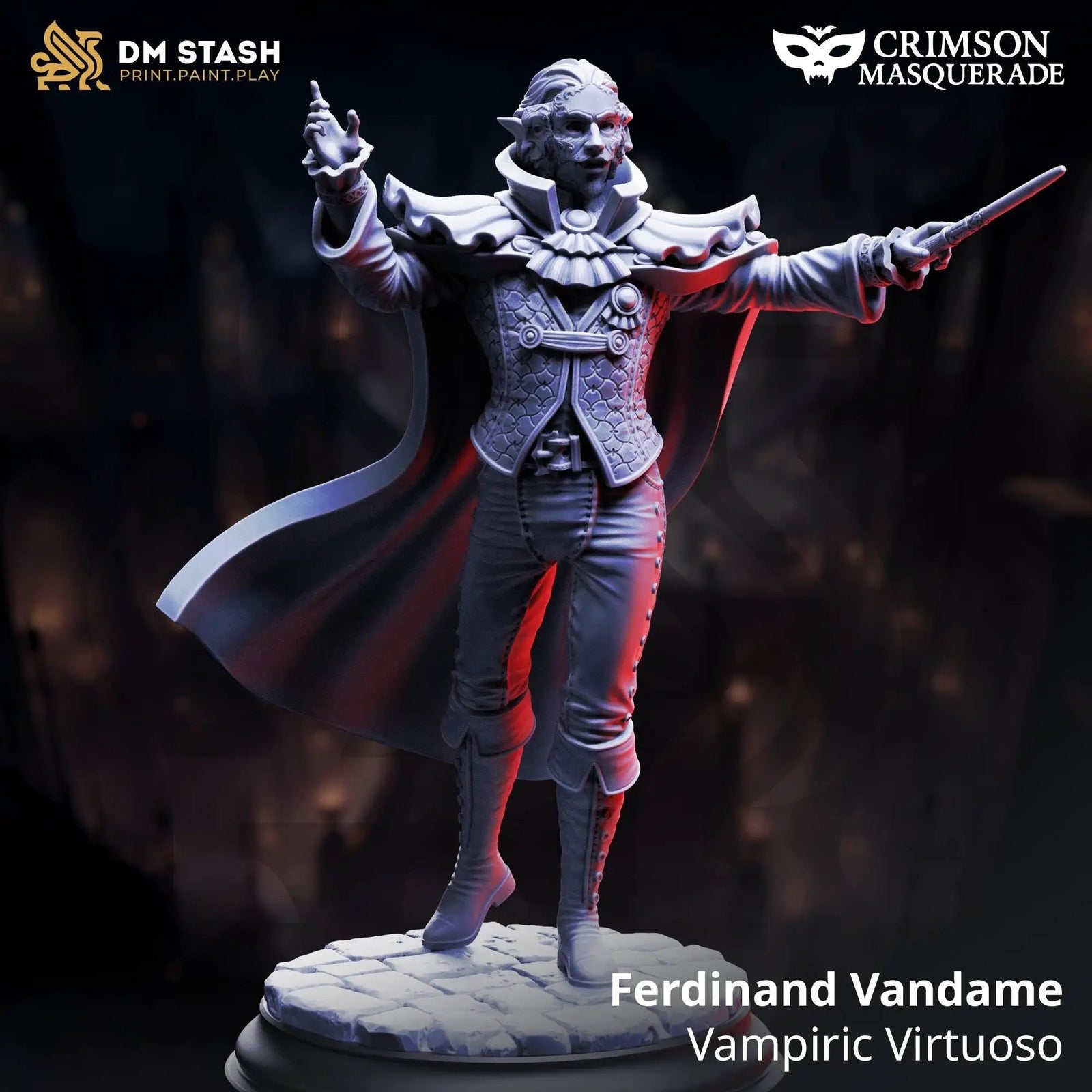 3D printed Vampiric Virtuoso Ferdinand Vandame miniature by Last Hope Miniatures, detailed dark fantasy figure on a display base.