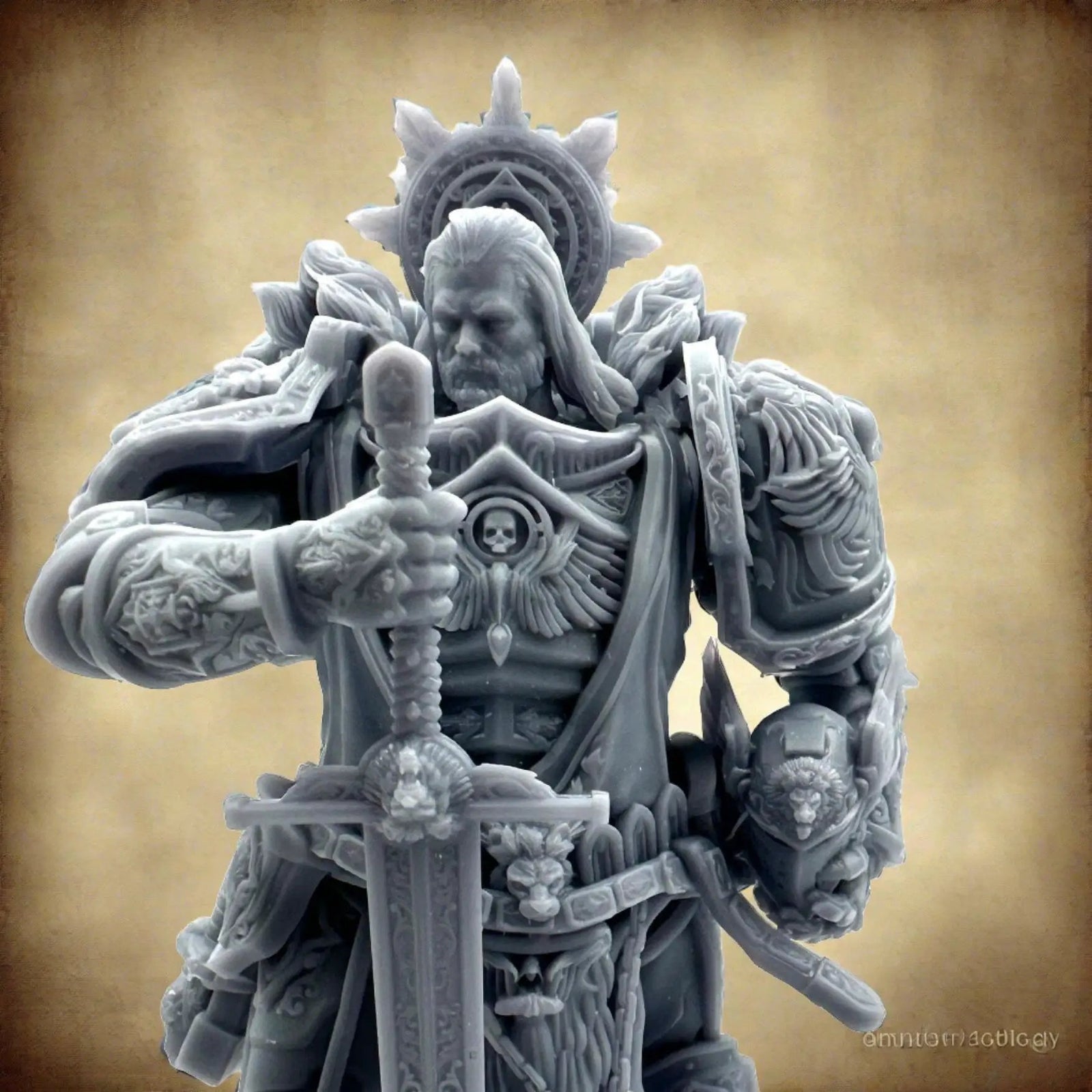 3D printed chivalric knight model by Last Hope Miniatures, detailed miniature figure from 3DArtGuy Miniatures featuring armor and sword.