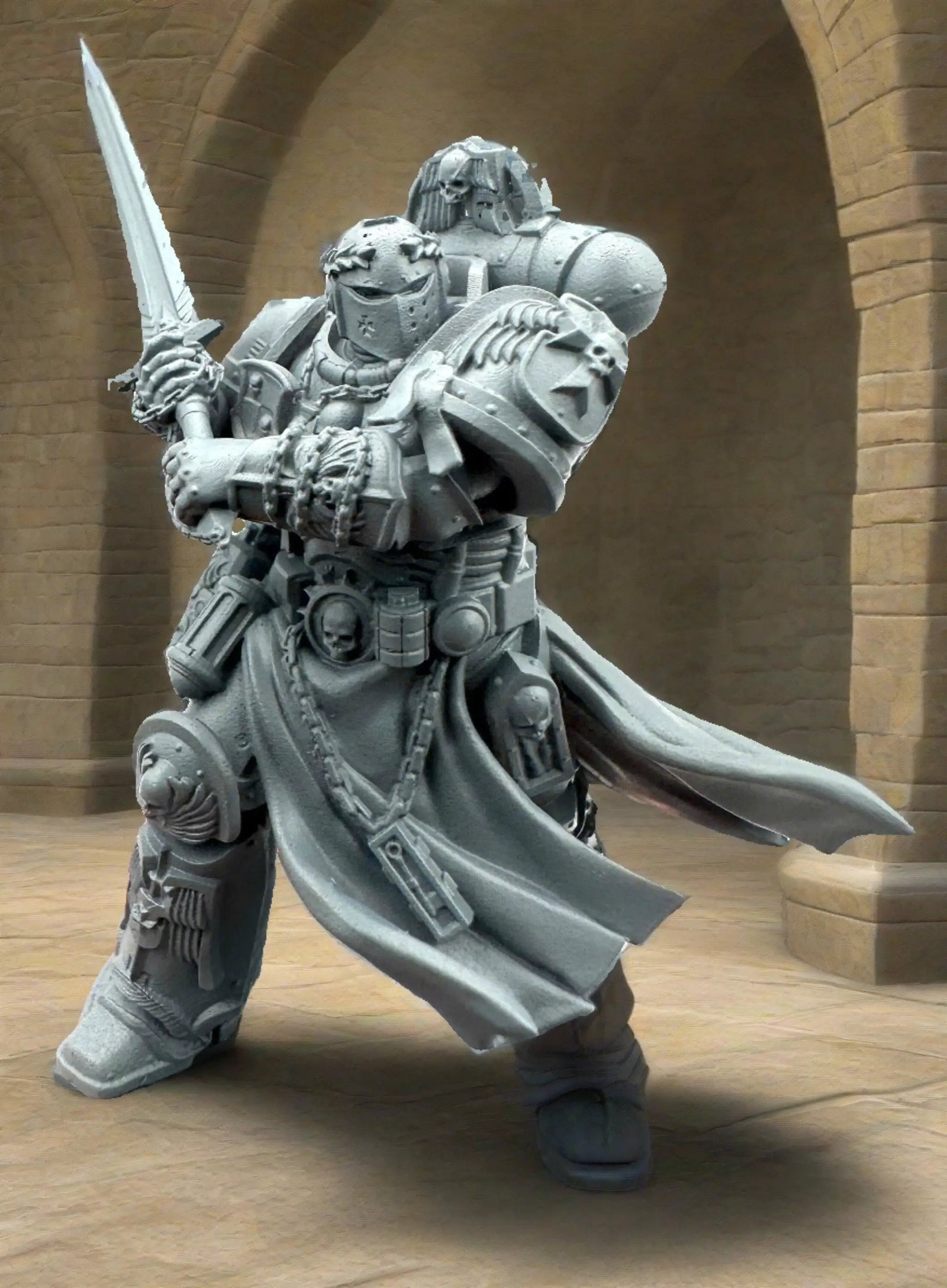 3D printed Knight Crusader Marine miniature by Last Hope Miniatures, detailed model with armor and weapon in a dynamic pose.