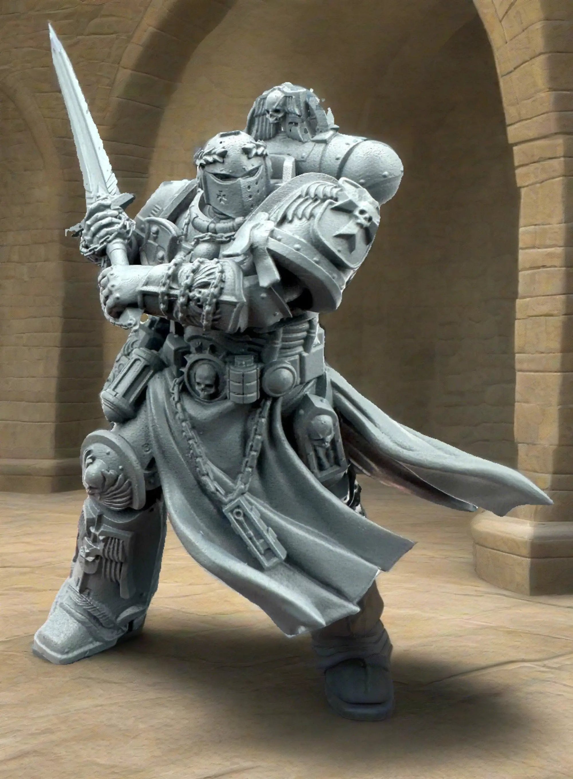 3D printed Knight Crusader Marine miniature by Last Hope Miniatures, detailed model with armor and weapon in a dynamic pose.