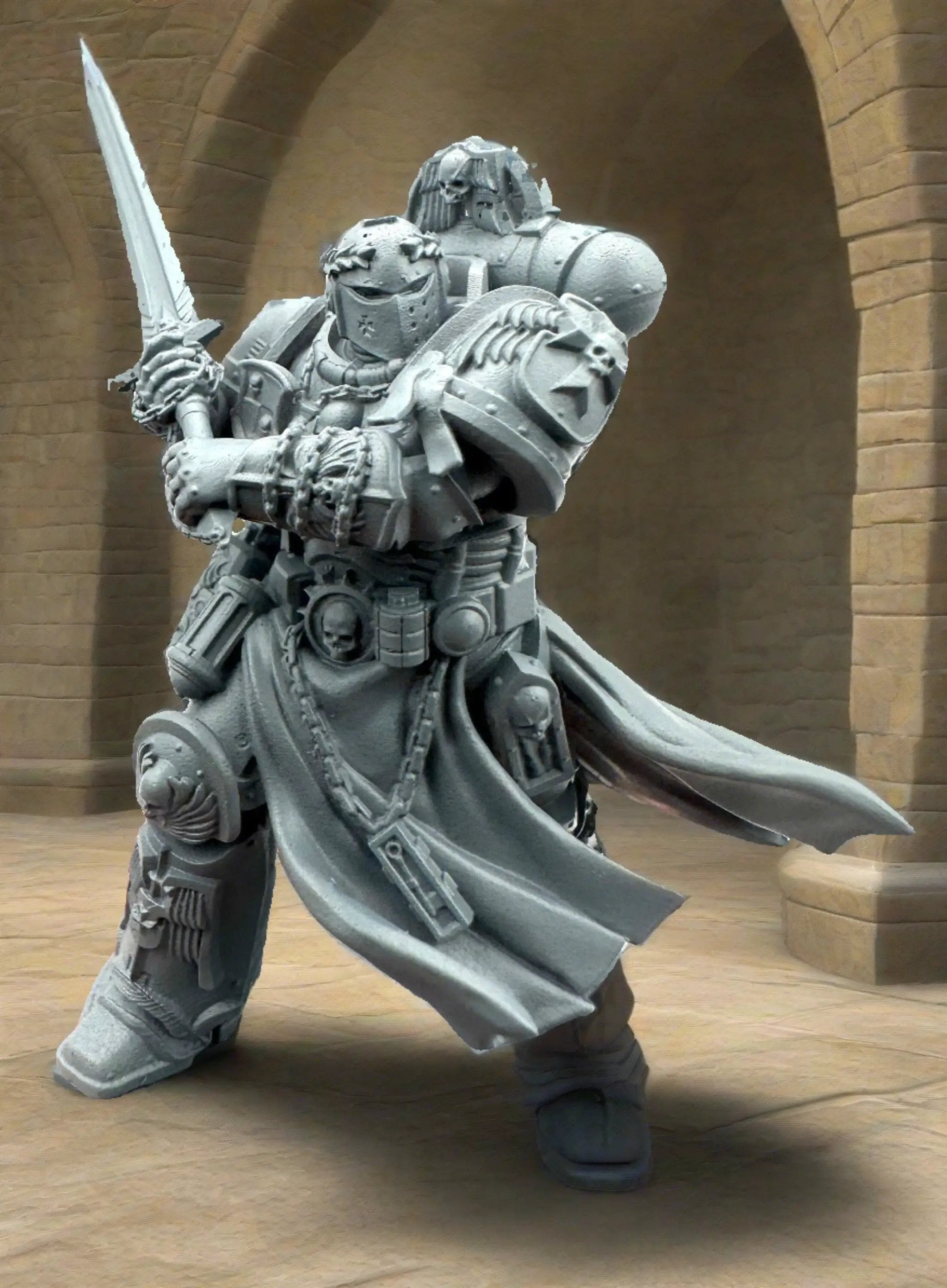 3D printed Knight Crusader Marine miniature by Last Hope Miniatures, detailed model with armor and weapon in a dynamic pose.