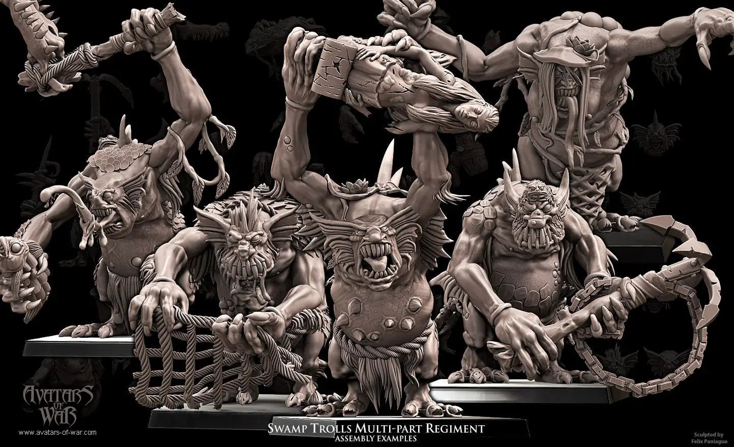 Set of five 3D printed Swamp Trolls models by Last Hope Miniatures for Avatars of War, featuring detailed fantasy creature designs.