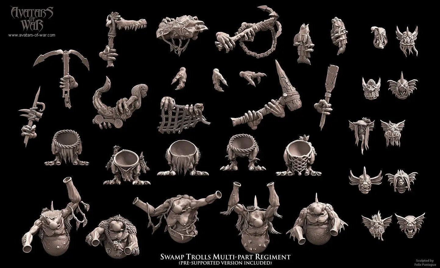 Set of five 3D printed Swamp Trolls miniatures by Last Hope Miniatures, detailed fantasy models for tabletop gaming.