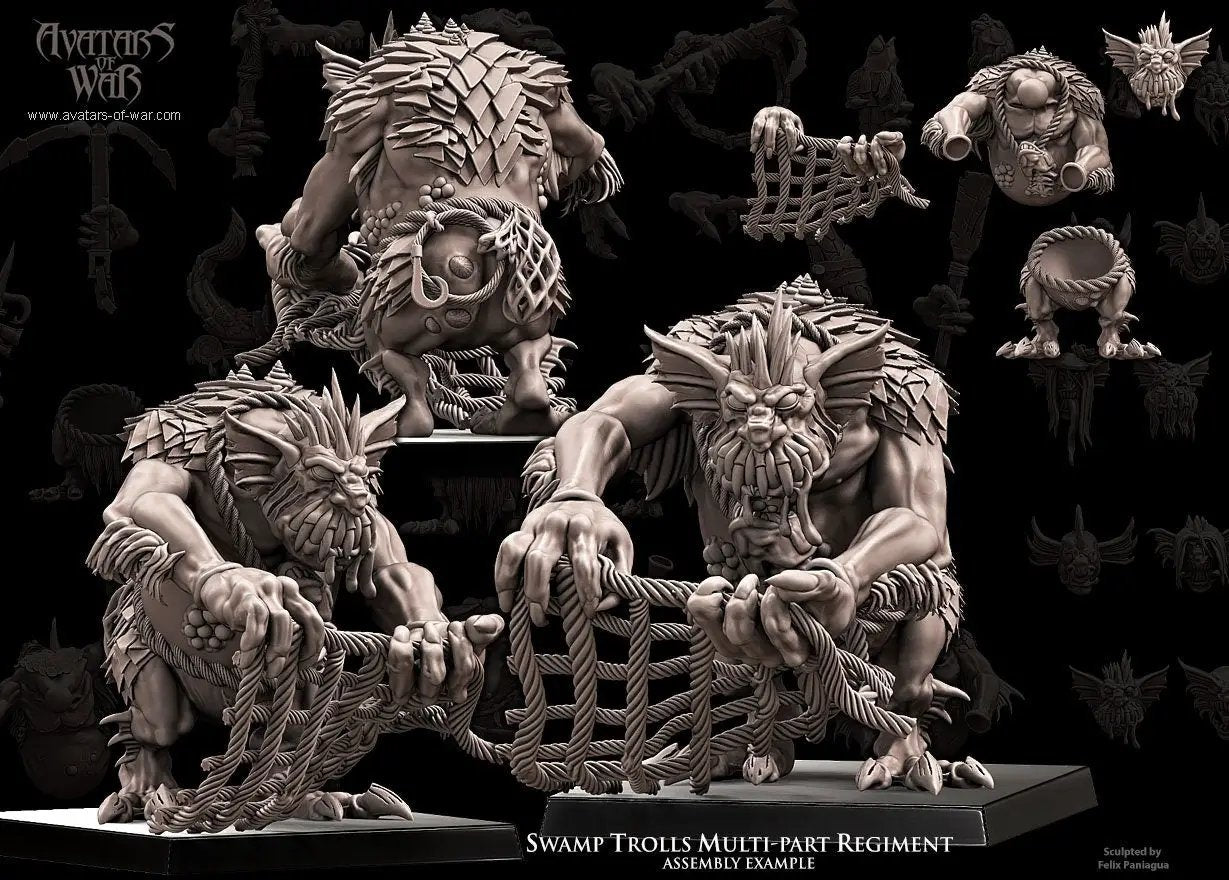Set of five 3D printed Swamp Trolls models by Last Hope Miniatures for Avatars of War, detailed fantasy creature miniatures.