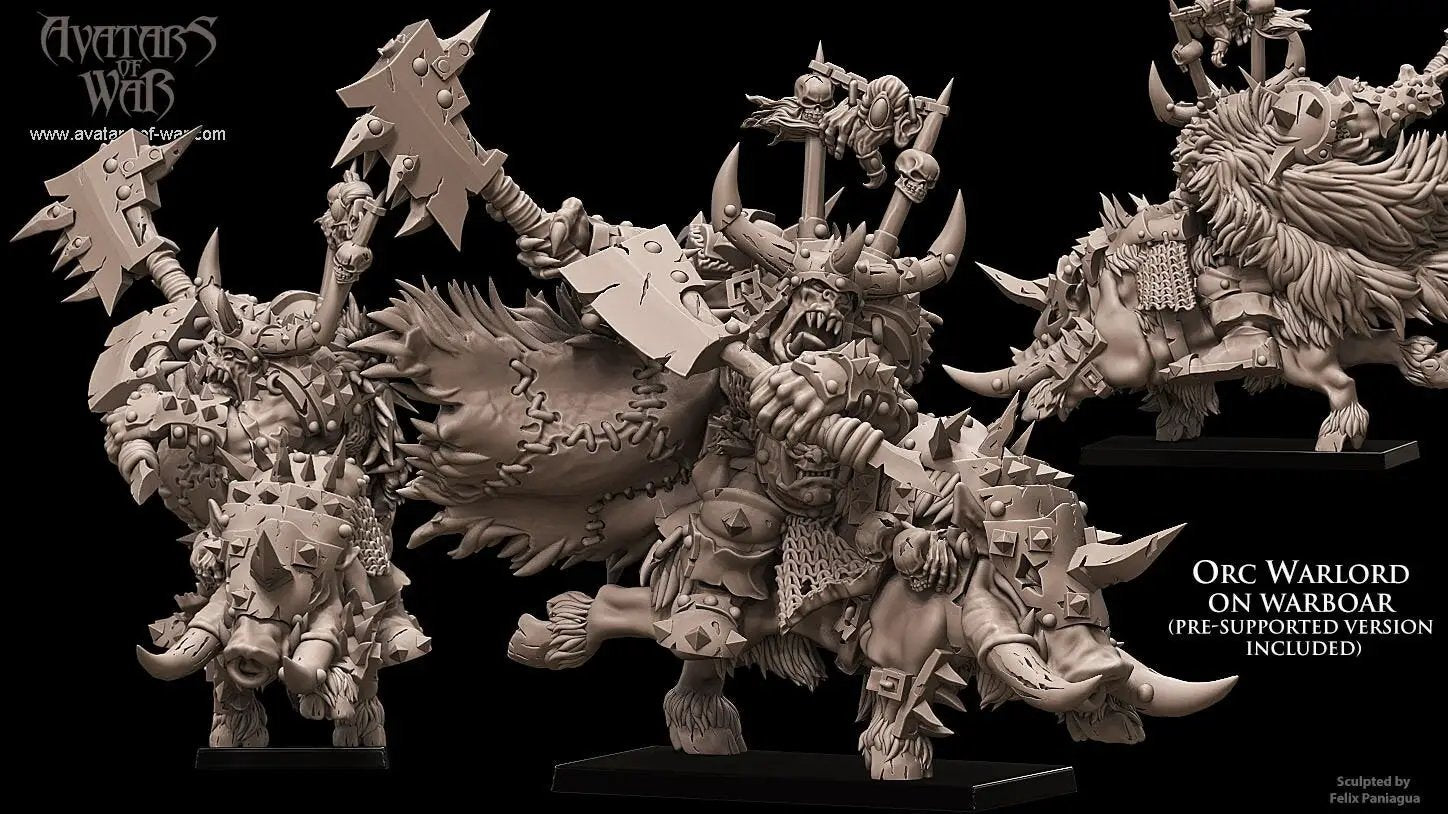 3D printed Iron Orc Warboss on Warboar model by Avatars of War, featuring detailed orc warrior riding a large warboar.