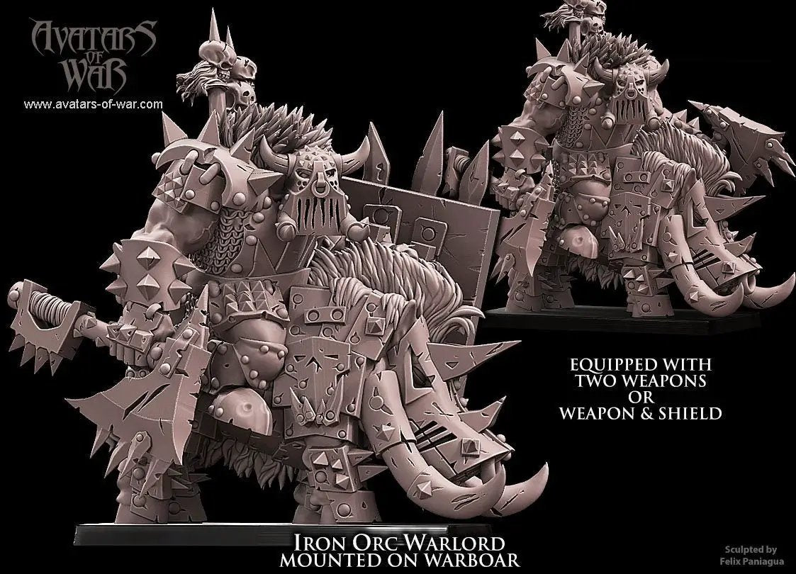 3D printed Iron Orc Warlord model on a warboar by Last Hope Miniatures, detailed miniature figure from Avatars of War collection.