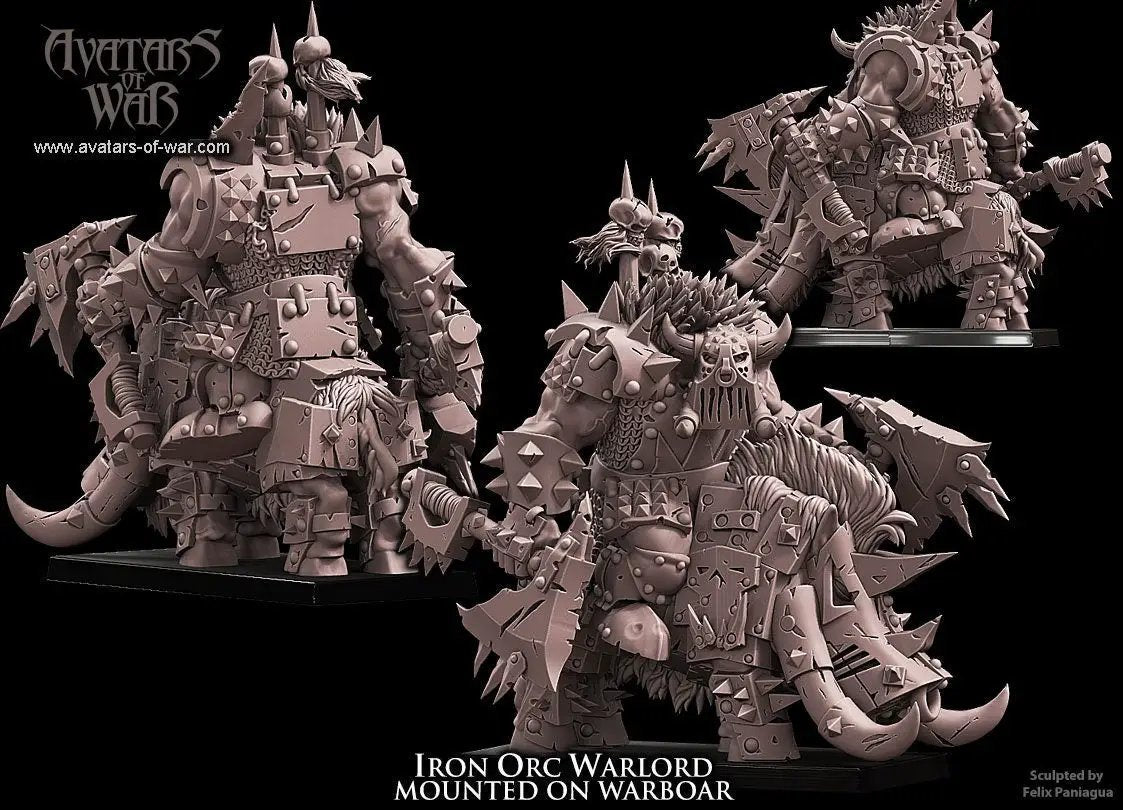 3D printed Iron Orc Warlord model on warboar by Last Hope Miniatures, detailed fantasy tabletop gaming figure.