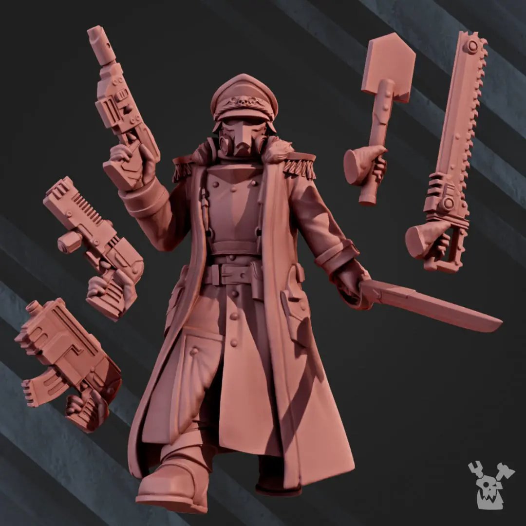 3D printed 2nd Death Division Commissar model by DakkaDakka Miniatures, painted with detailed military uniform and weapon accessories.