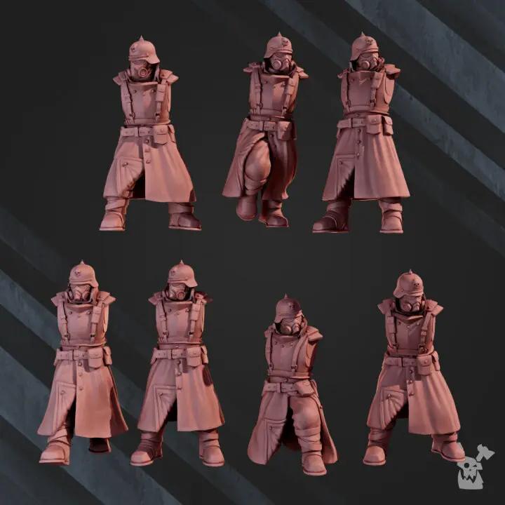 3D printed 2nd Death Division Infantry model kit by Last Hope Miniatures, assembled with detailed military figures from DakkaDakka Miniatures.