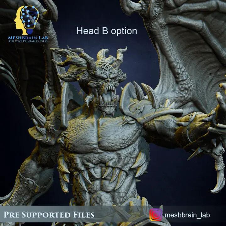 3D printed model of Aamon, Daemon Lord of the Abyss by Meshbrain Labs, displayed in a detailed dark fantasy style.